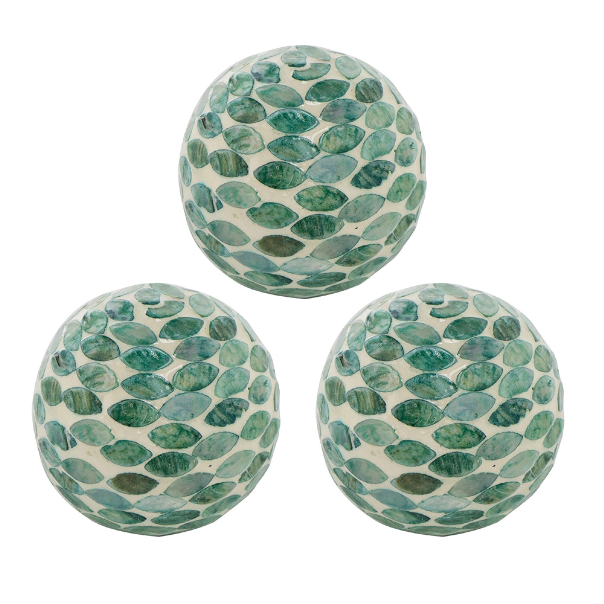 Sunny Decorative Ball Set of 3, Capiz Shell Details, Green Ceramic 12 Inch