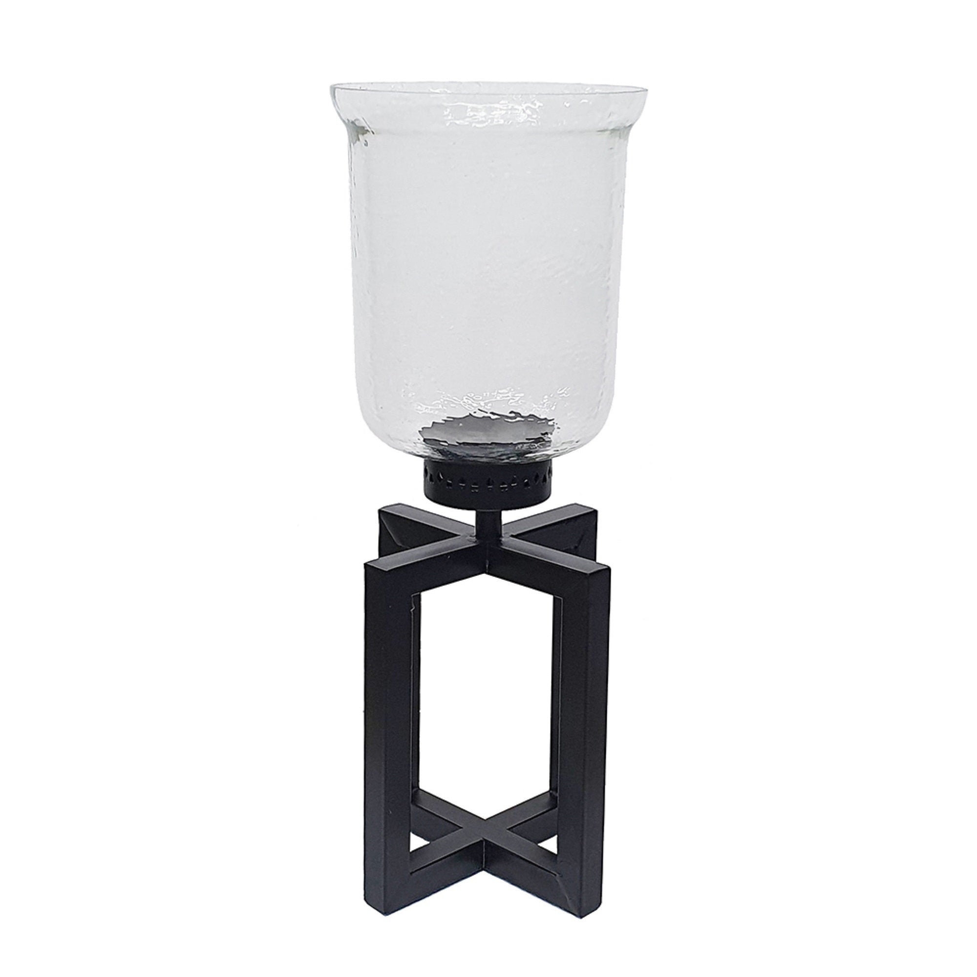 Cole Small Candle Holder, Black Iron Open X Frame, Clear Glass 19 Inch