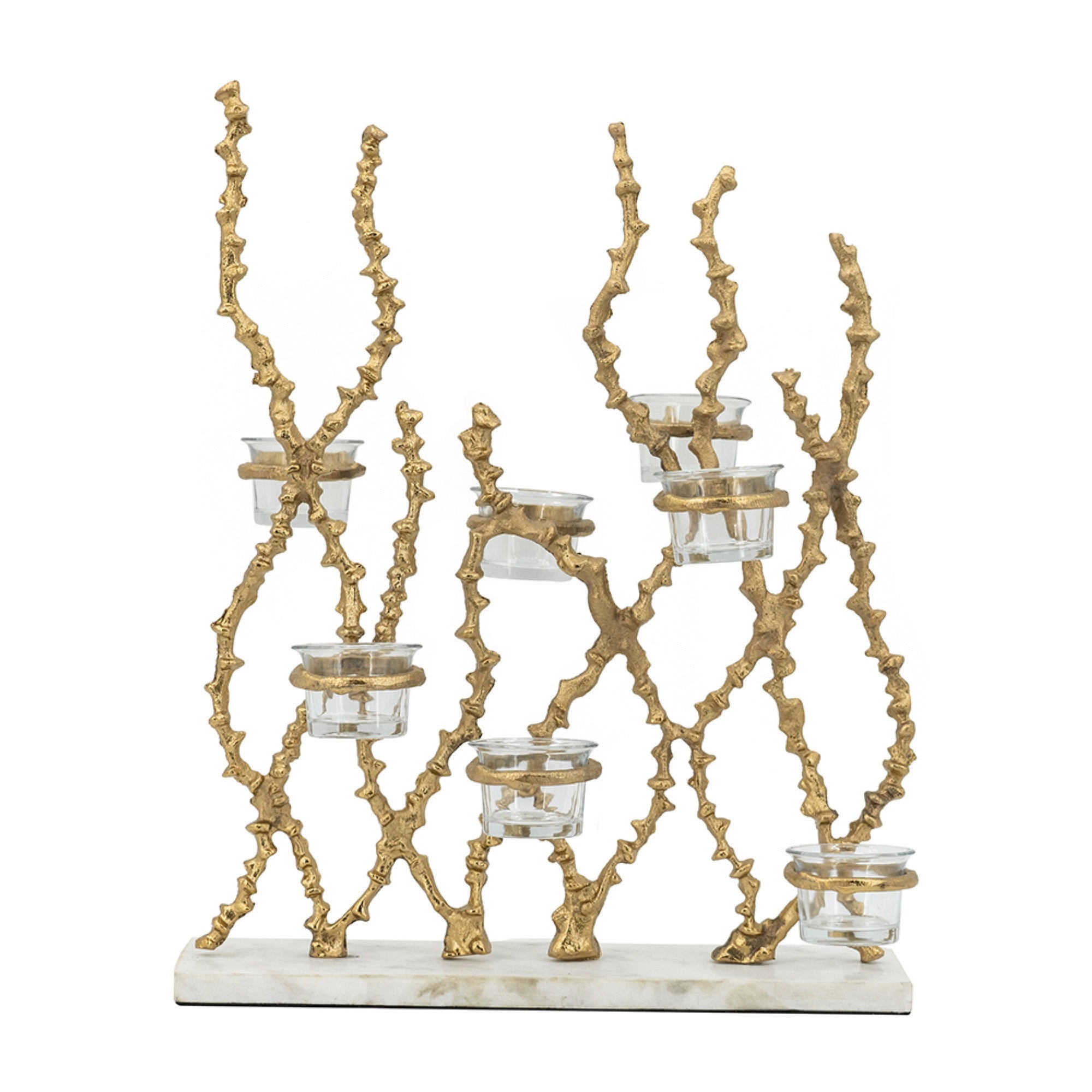 Betty Tea Candle Holder, Gold Branch Design, Glass, White Marble, 18 Inch