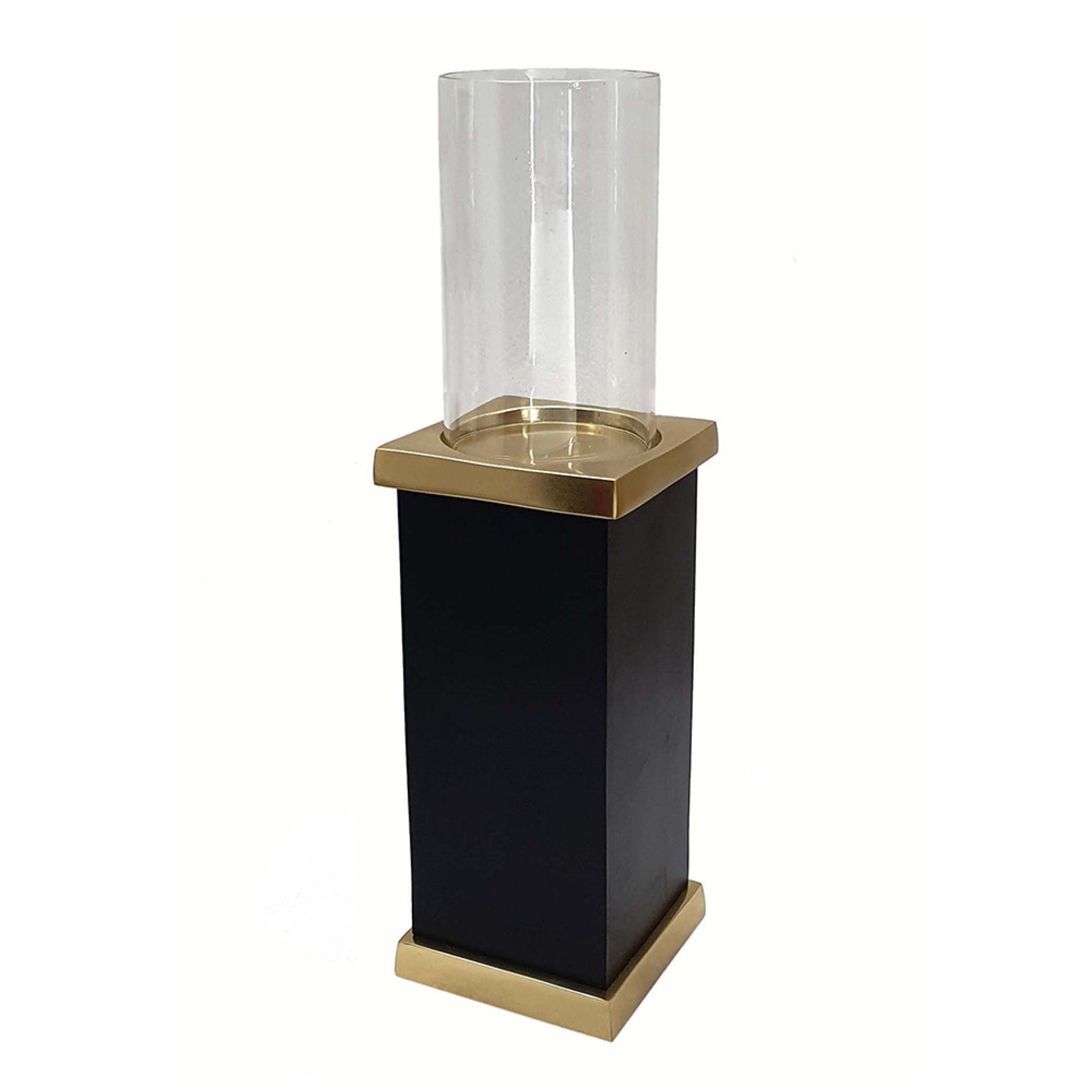 Oshy Hurricane Candle Holder, Gold Aluminum, Black Solid Mango Wood 16 Inch