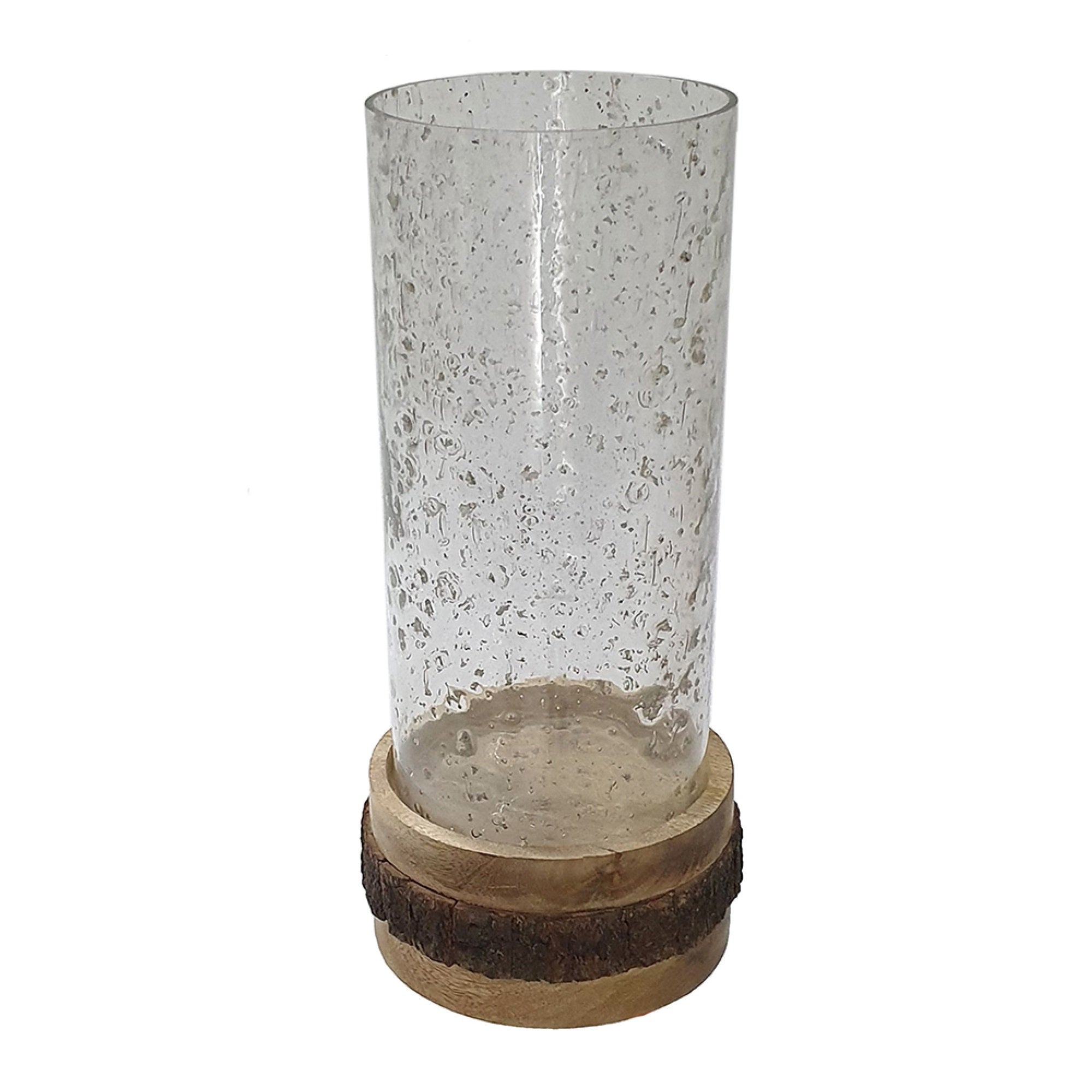Zylo Decorative Vase, Transparent Cylinder Glass, Brown Mango Wood 13 Inch