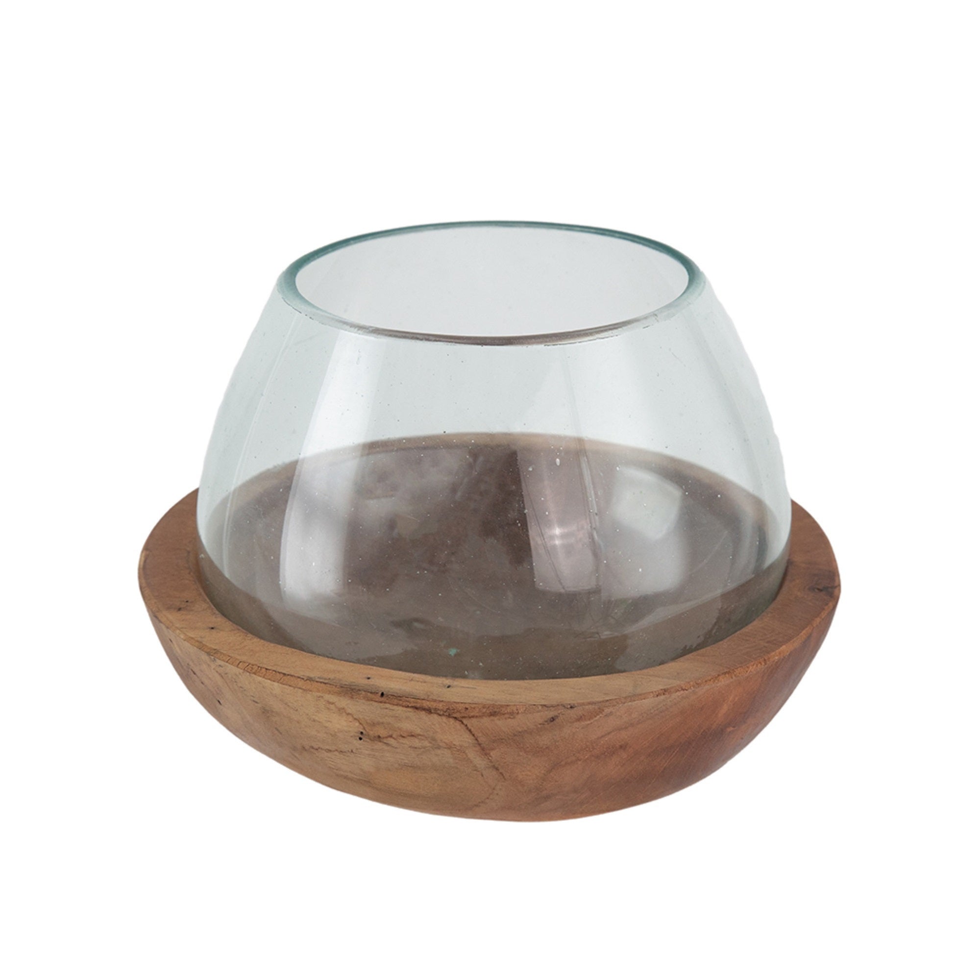 Kristy Round Decorative Bowl with Natural Teak Wood Base, Glass 10 Inch