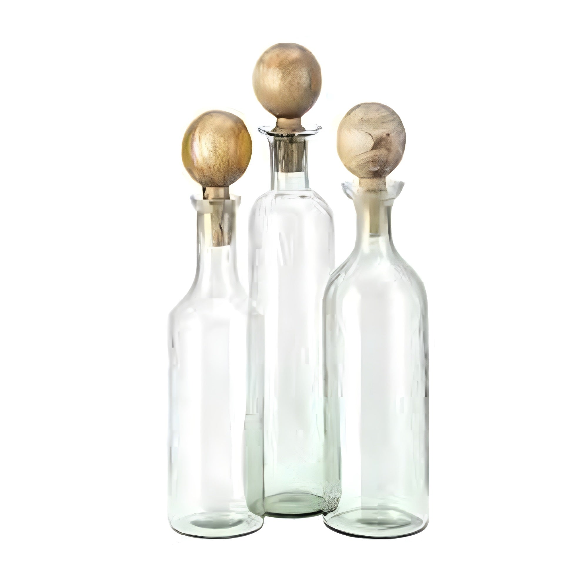 Hazie Decorative Glass Bottles Set of 3, Mango Wood Tops, 16 and 18 Inch