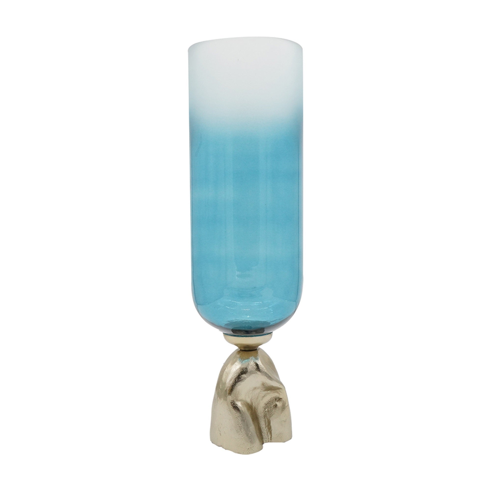 Joane Tall Decorative Vase, Gold Aluminum Stand, Blue-White Glass 21 Inch