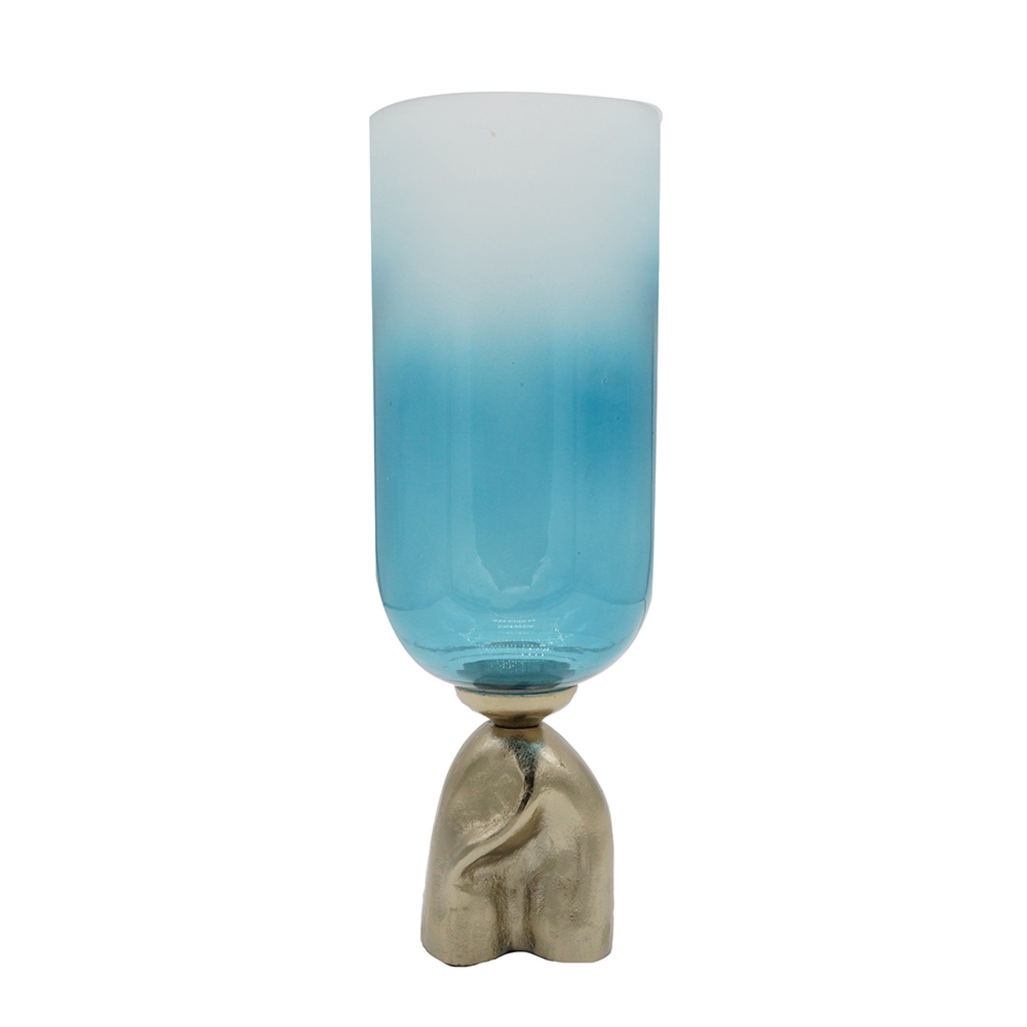 Joane Small Decorative Vase, Gold Aluminum Stand, Blue-White Glass 18 Inch