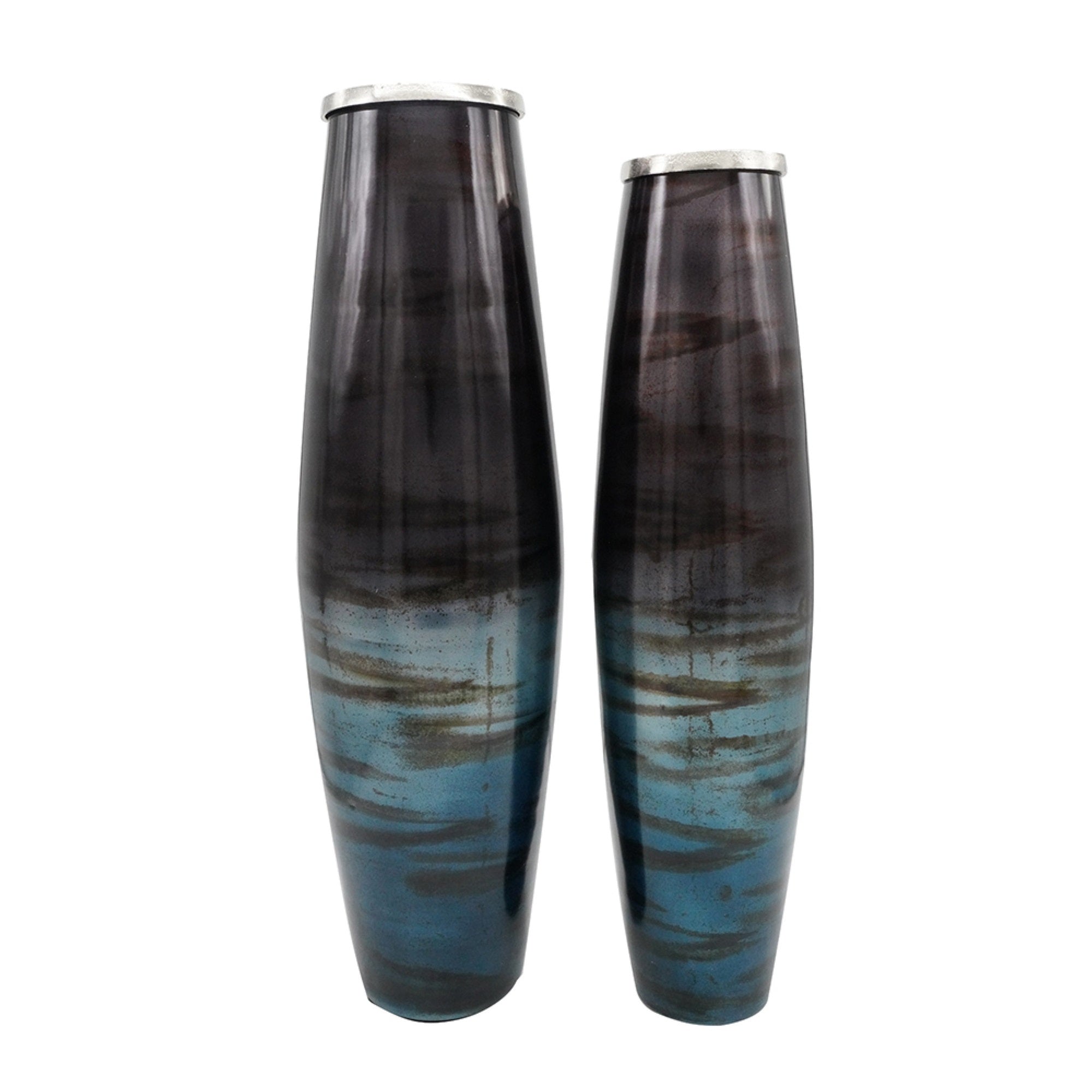 Viena Decorative Vase Set of 2, Aluminum Rim, Layered Blue Glass