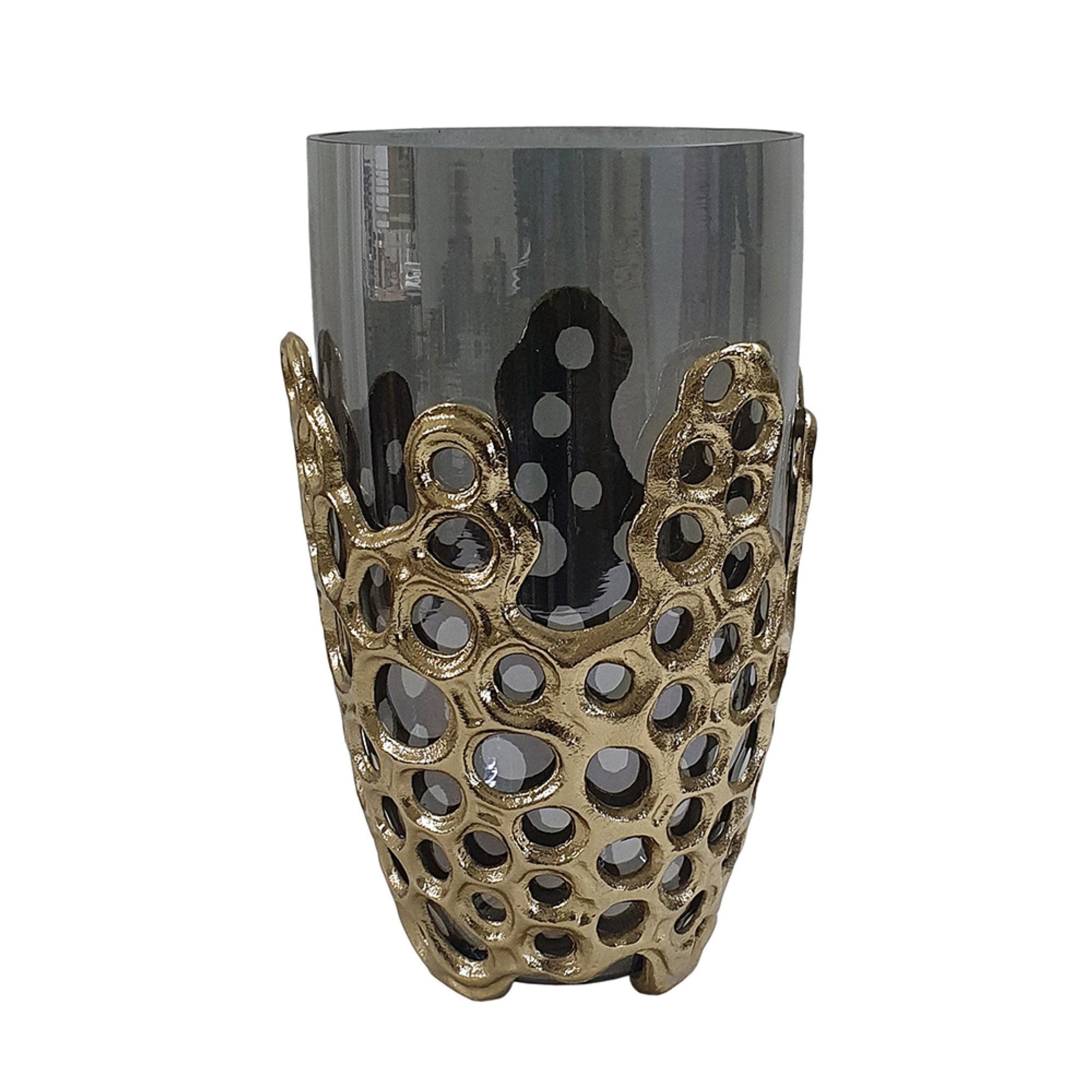 Brian Decorative Vase with Naturalist Gold Aluminum, Black Glass 11 Inch