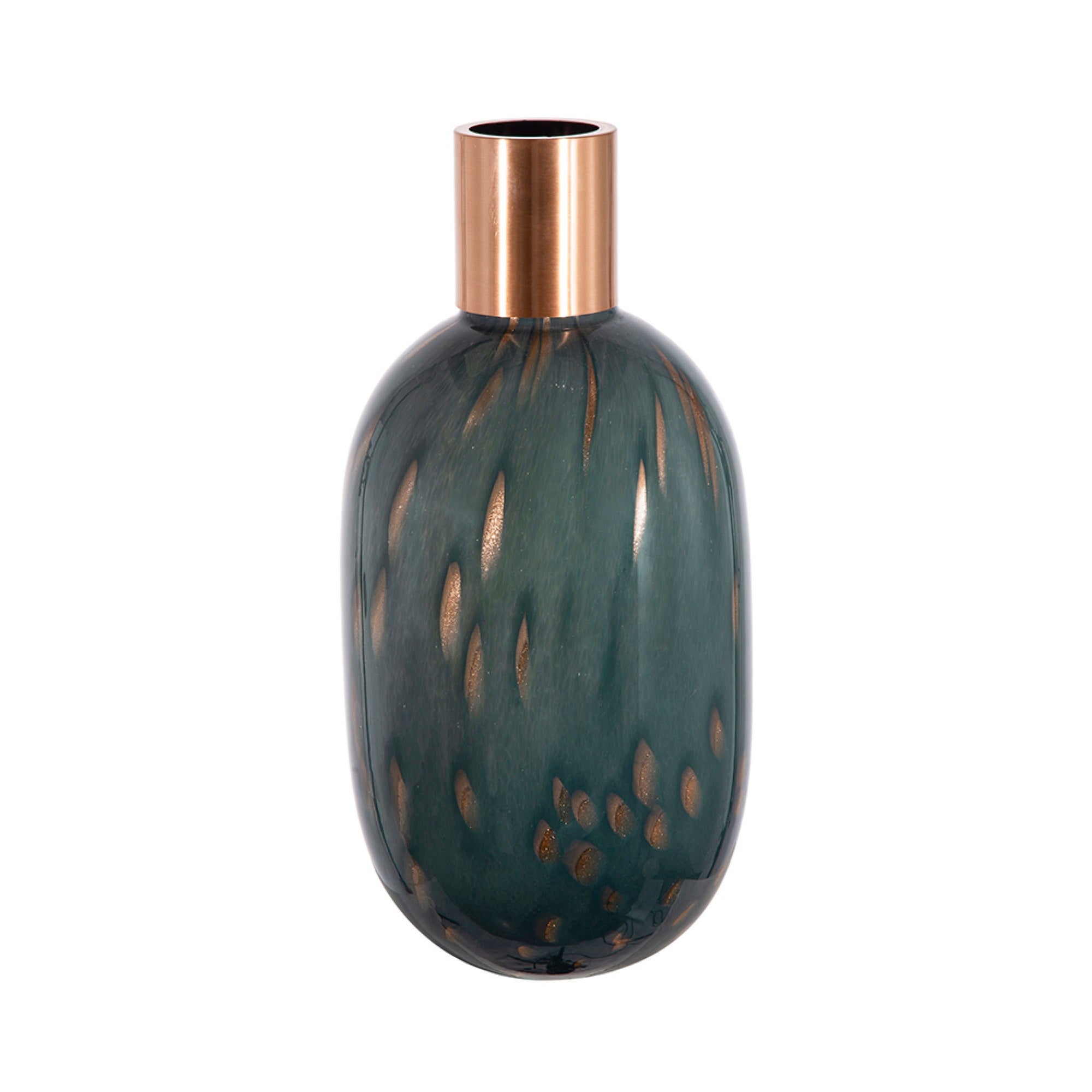 Celina Round Vase with Copper Fleck Details Blue Glass, Iron Neck, 20 Inch