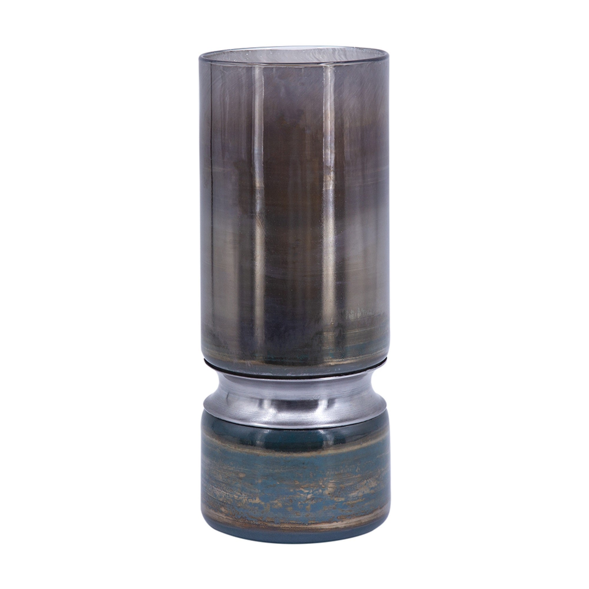Jane Large Decorative Vase, Steel Base, Layered Blue-Black Glass 13 Inch