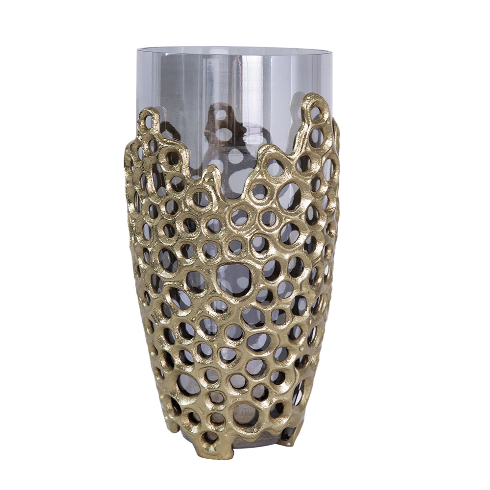 Brian Decorative Vase with Gold Metal Sculpted Lid, Black Glass 15 Inch
