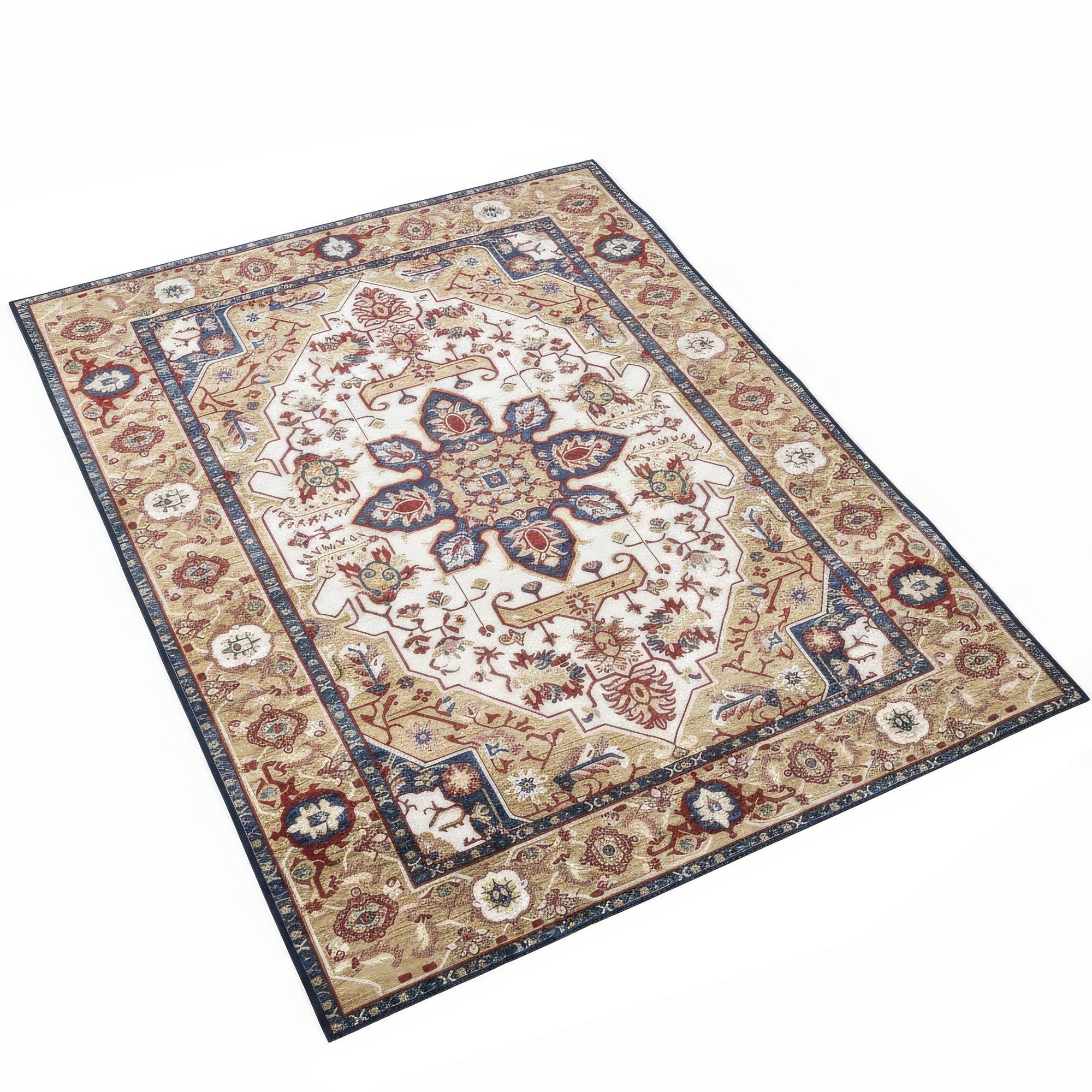 Hano 6x9 Large Area Rug, Vintage Blue Gold Bohemian Persian Style, Washable
