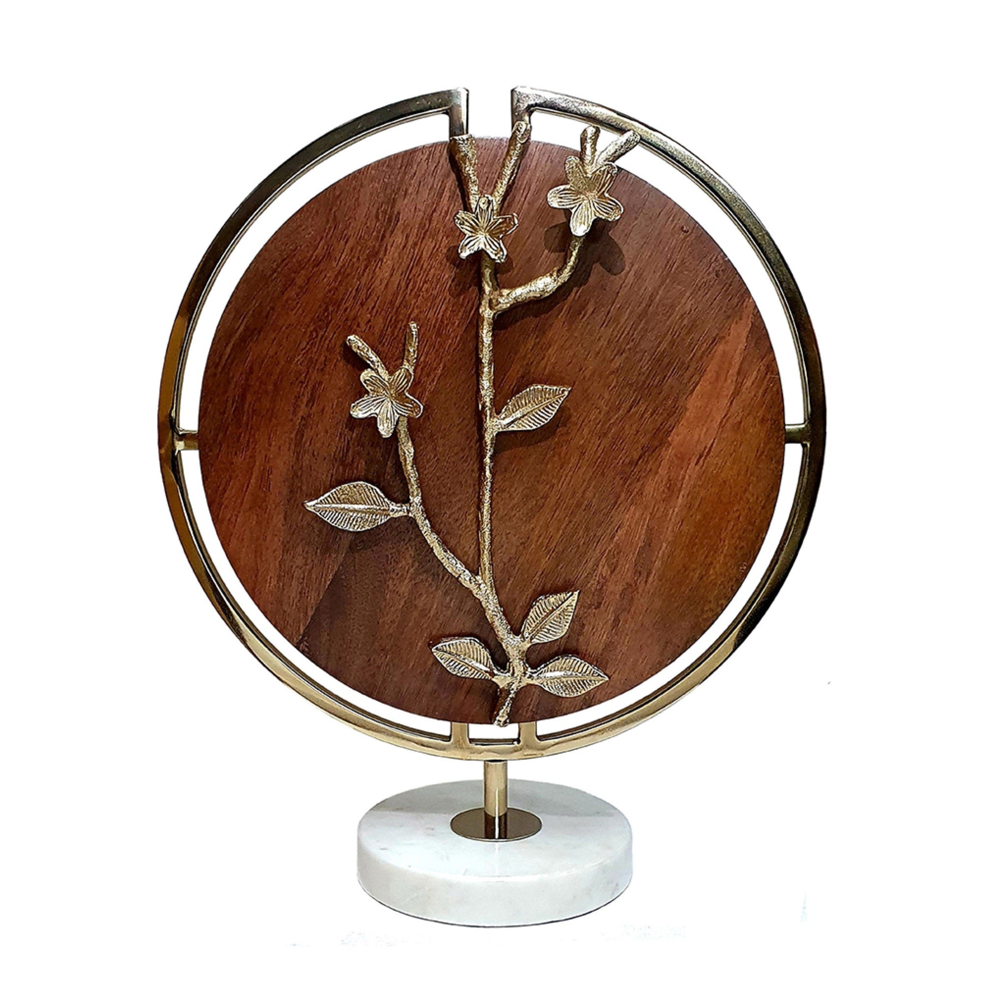 Orion Blossom Sculpture with Marble Base, Brown Wood, Gold Metal 17 Inch