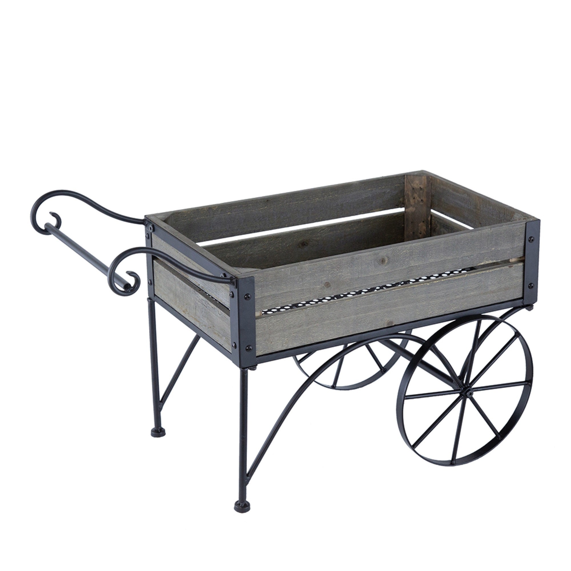 Trolley Cart Plant Stand, Vintage Style, Gray Wood, Black Metal, 24 Inch
