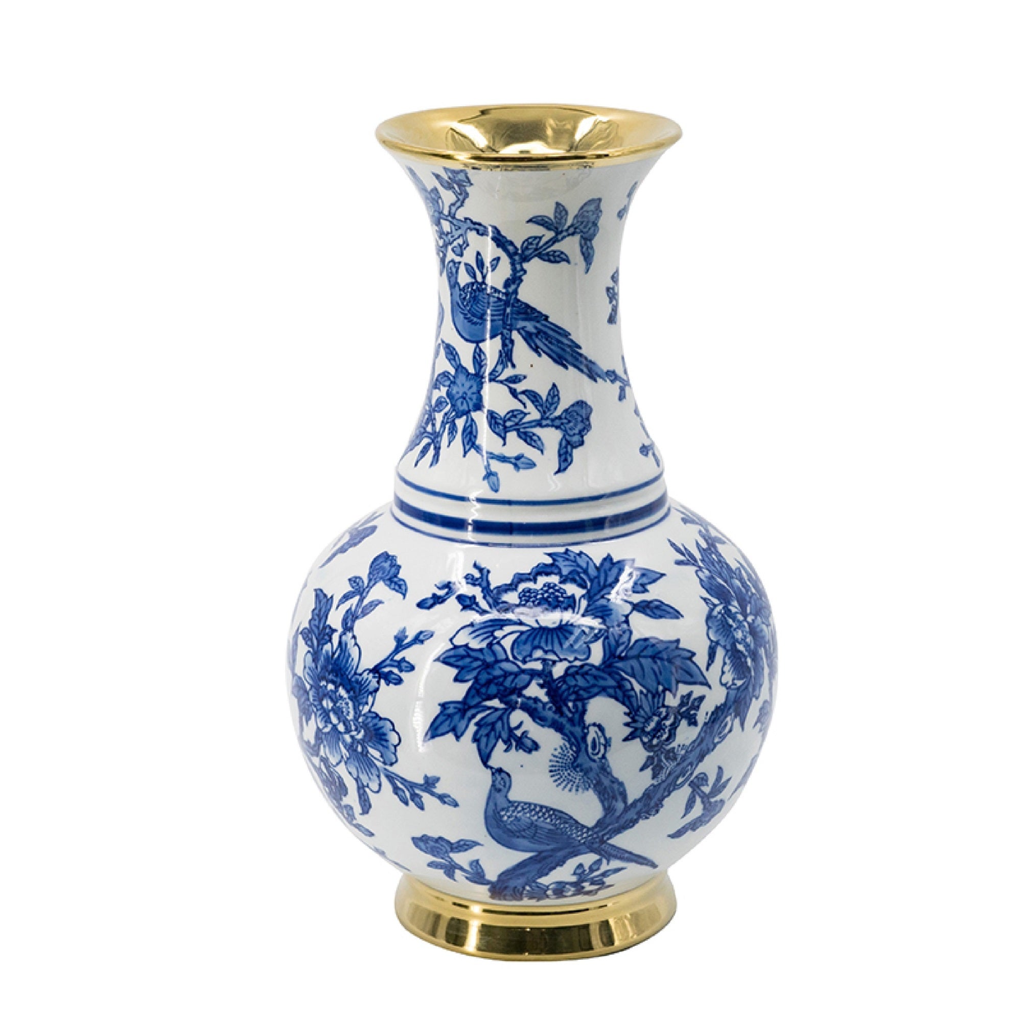 Wyatt Flower Vase, Floral Pattern Gold Rim White-Blue Porcelain 16 Inch