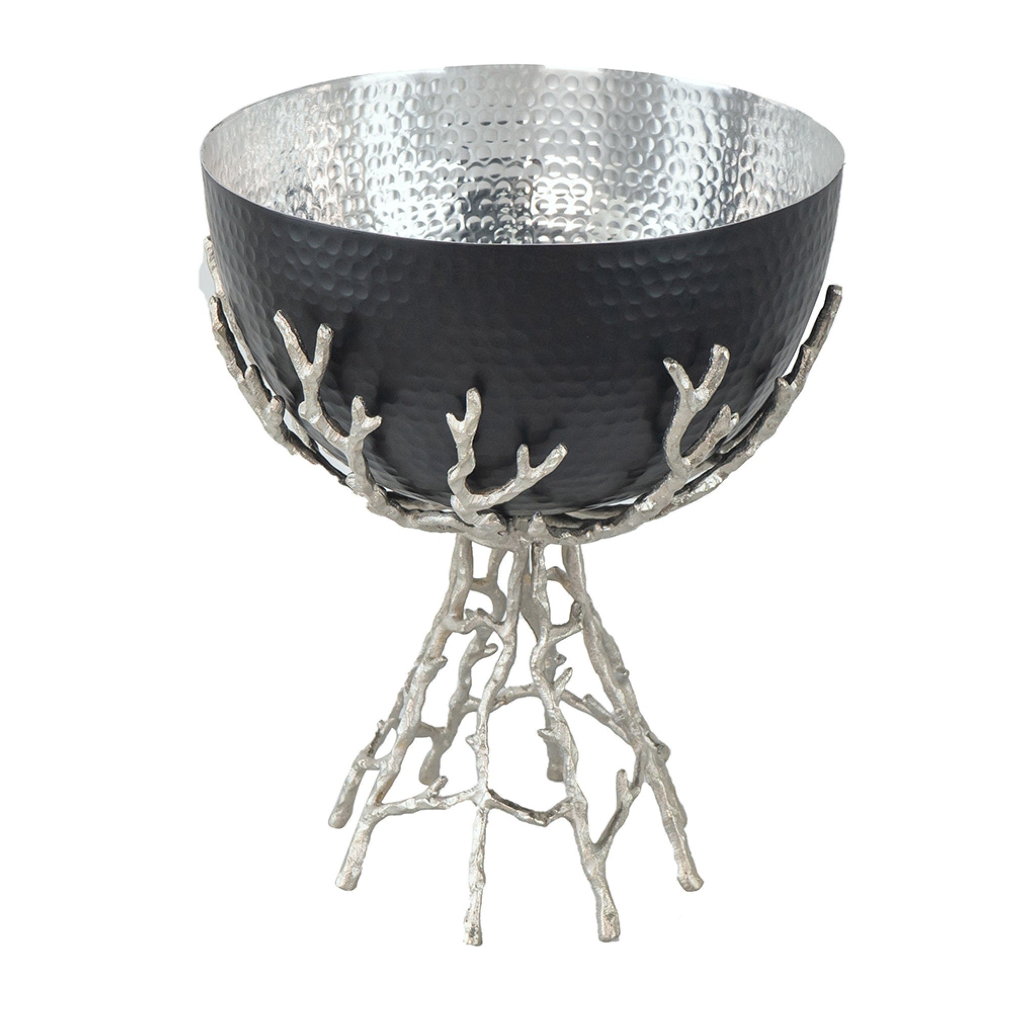 Elsie Hammered Decorative Bowl, Nickel Twig Base, Black Aluminum 14 Inch