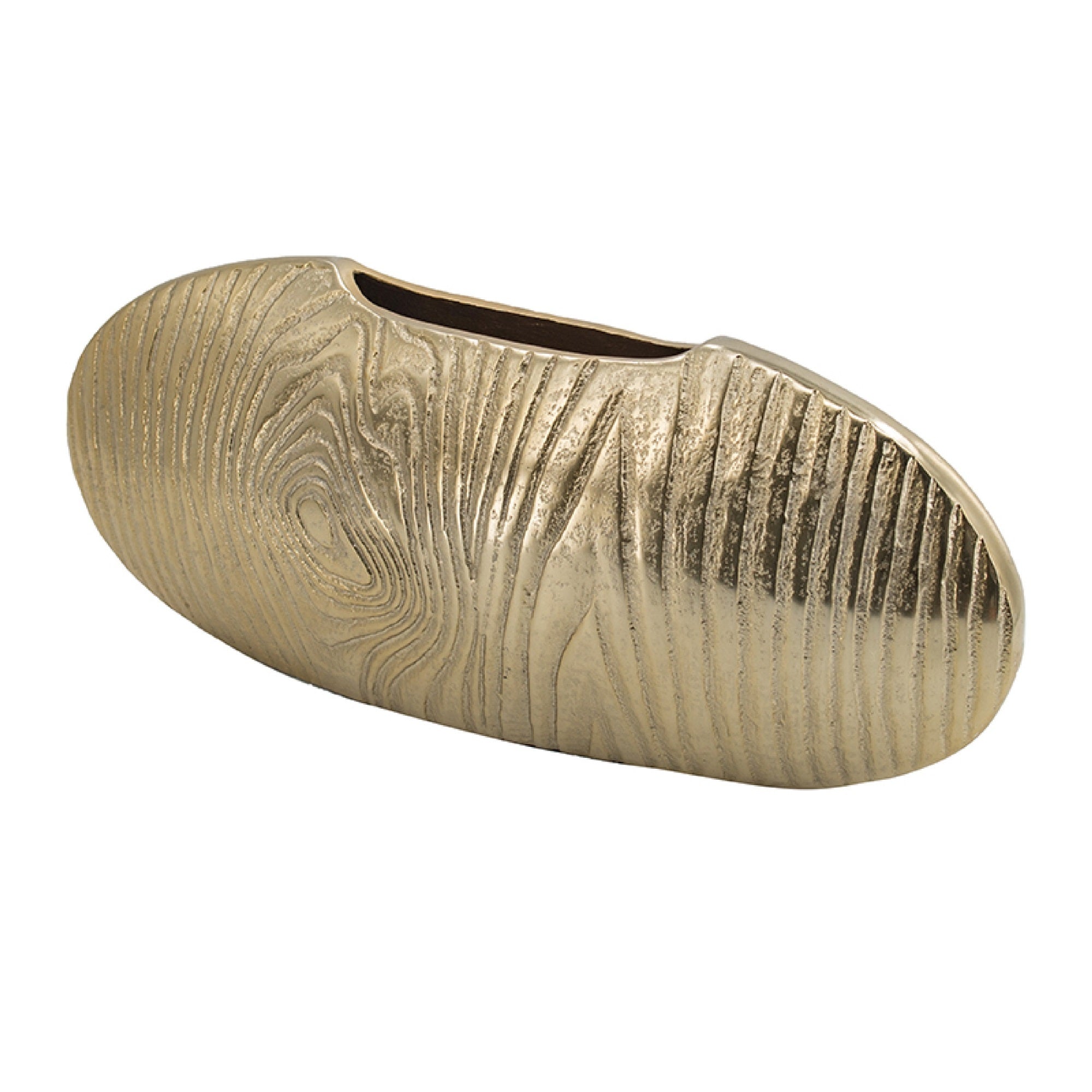 Judah Oval Disc Vase, Carved Timber-Like Texture, Gold Aluminum 16 Inch