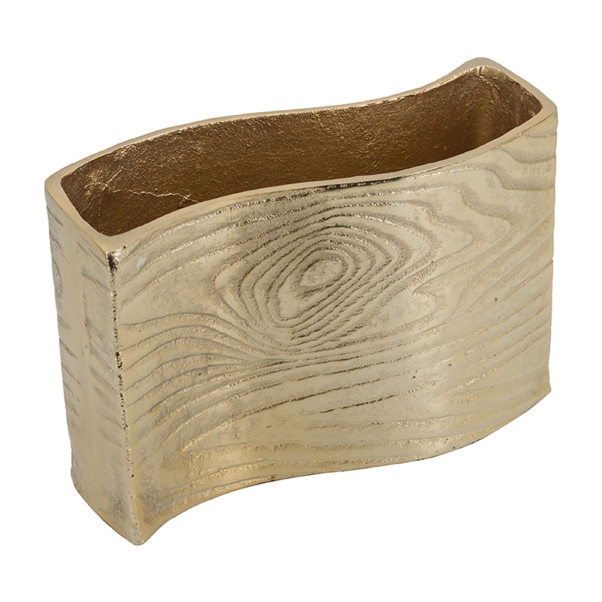 Opal Wavy Rectangular Vase, Grain Pattern Curved Rim Gold Aluminum 10 Inch