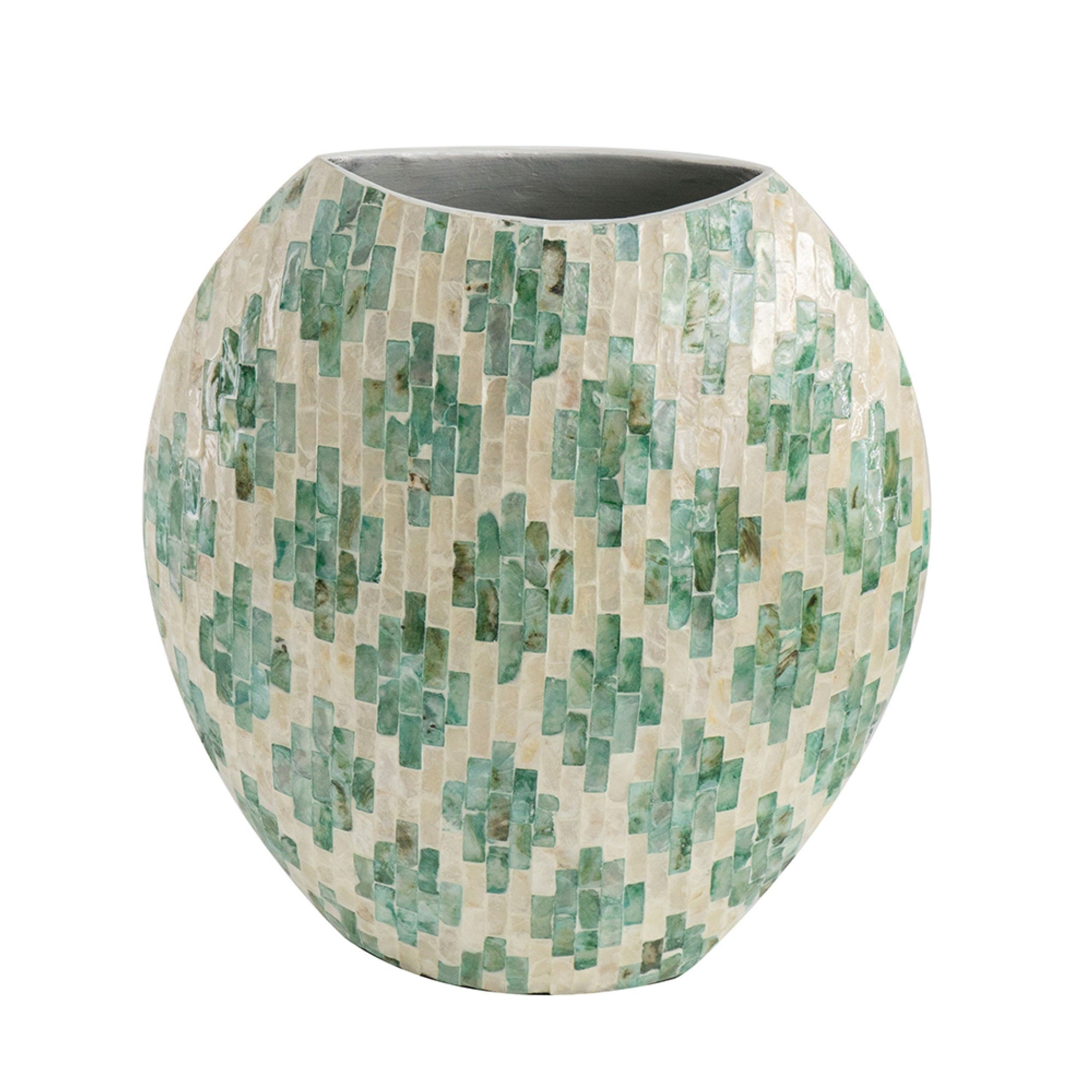 Rhys Decorative Vase, Hand-Applied Mosaic-Pattern Green-White Capiz 14 Inch