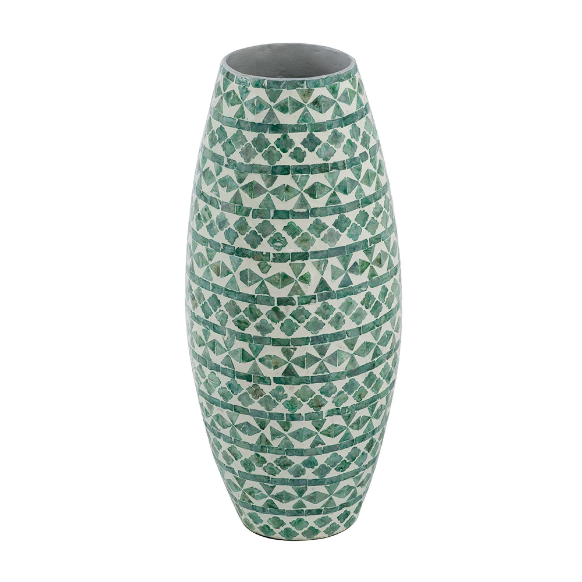 Kane Decorative Vase, Geometric Patterns, Green-White Capiz Inlay 20 Inch