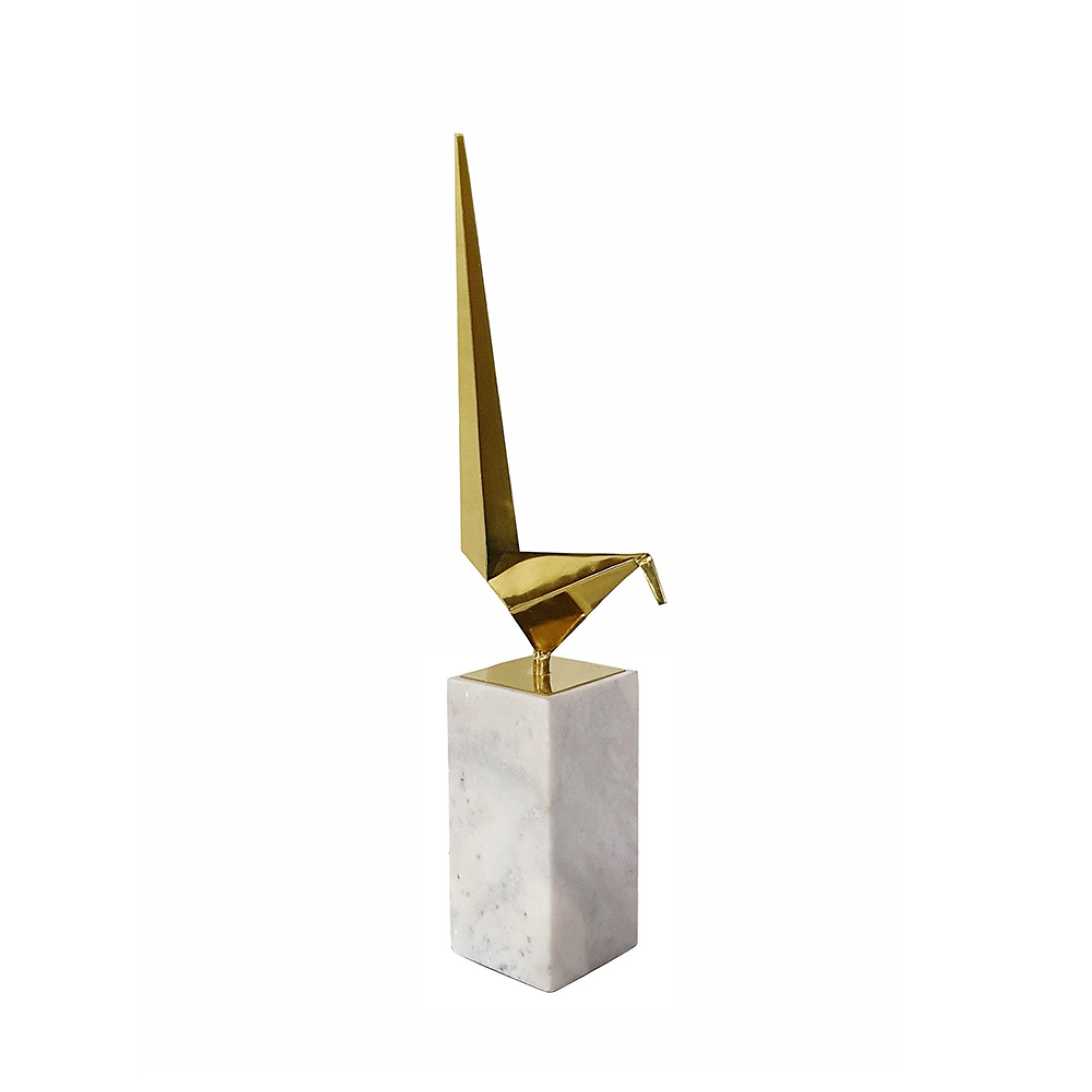 Komi Origami Bird Sculpture, White Marble Base, 21 Inch Gold Steel