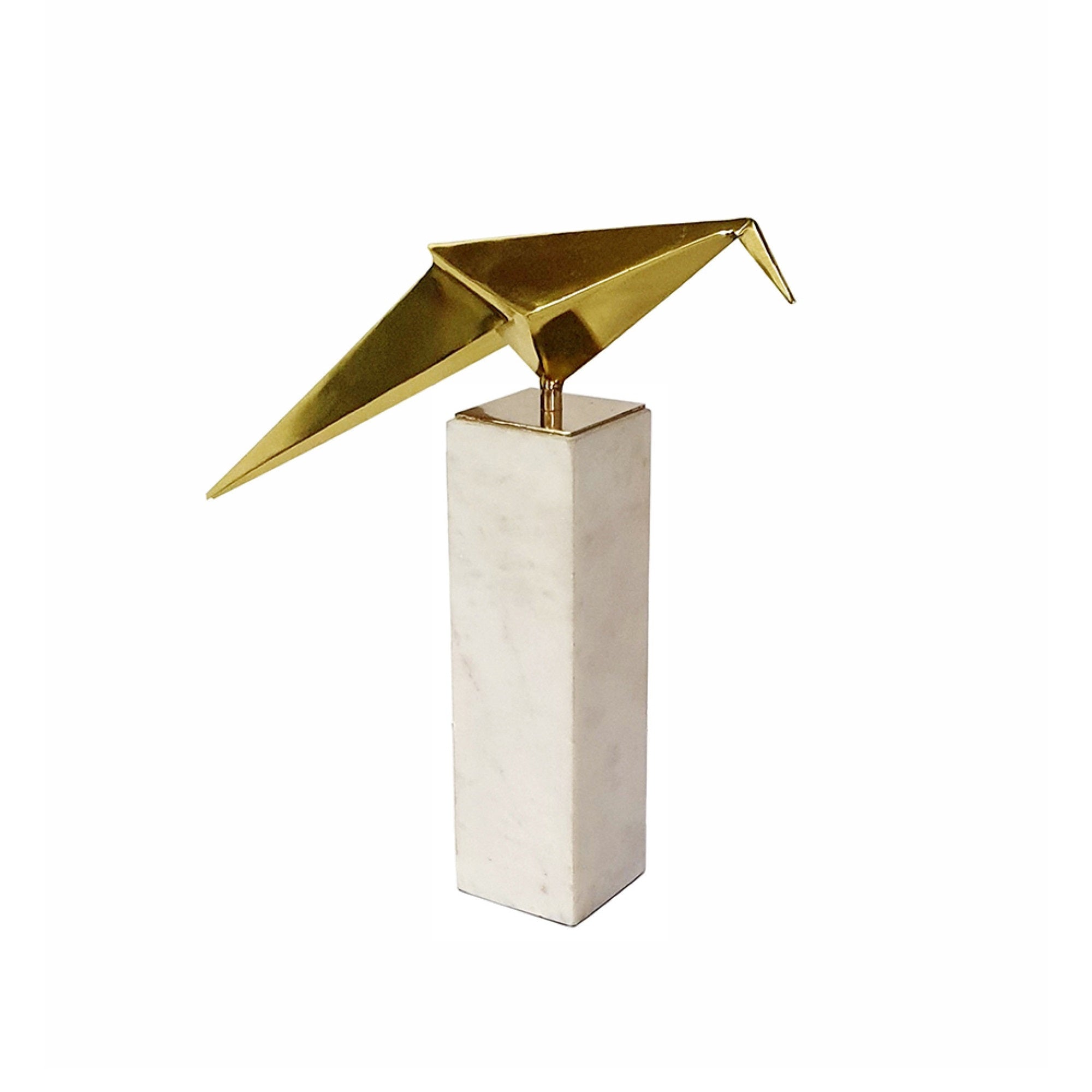 Komi Origami Bird Sculpture, White Marble Base, 13 Inch Gold Steel