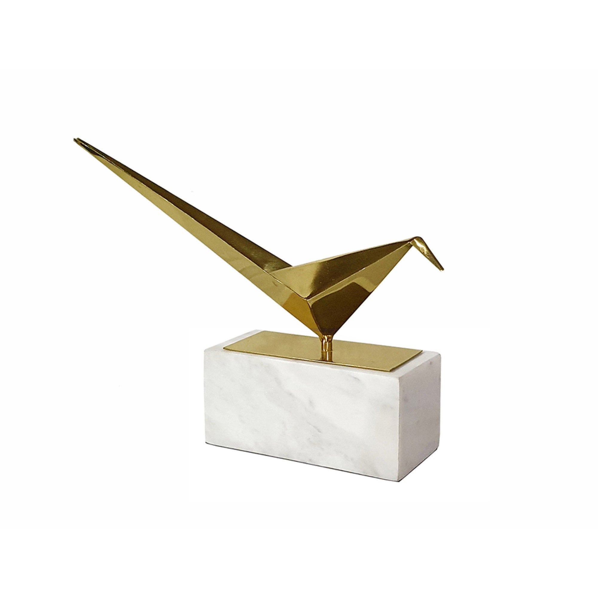 Komi Origami Bird Sculpture, White Marble Base, 15 Inch Gold Steel