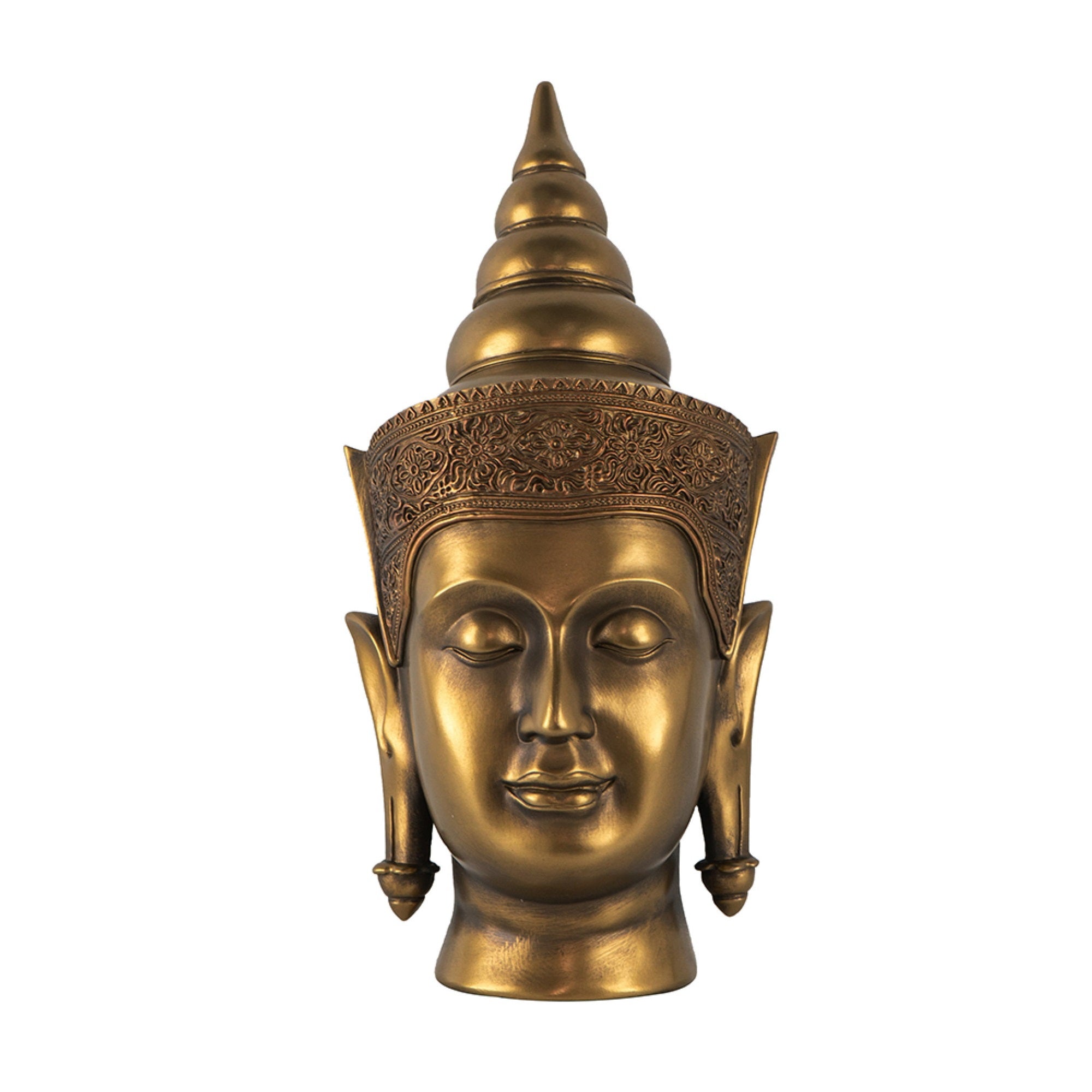Pilu Buddha Head Sculpture, Meditative Tabletop Decor, 14 Inch Bronze