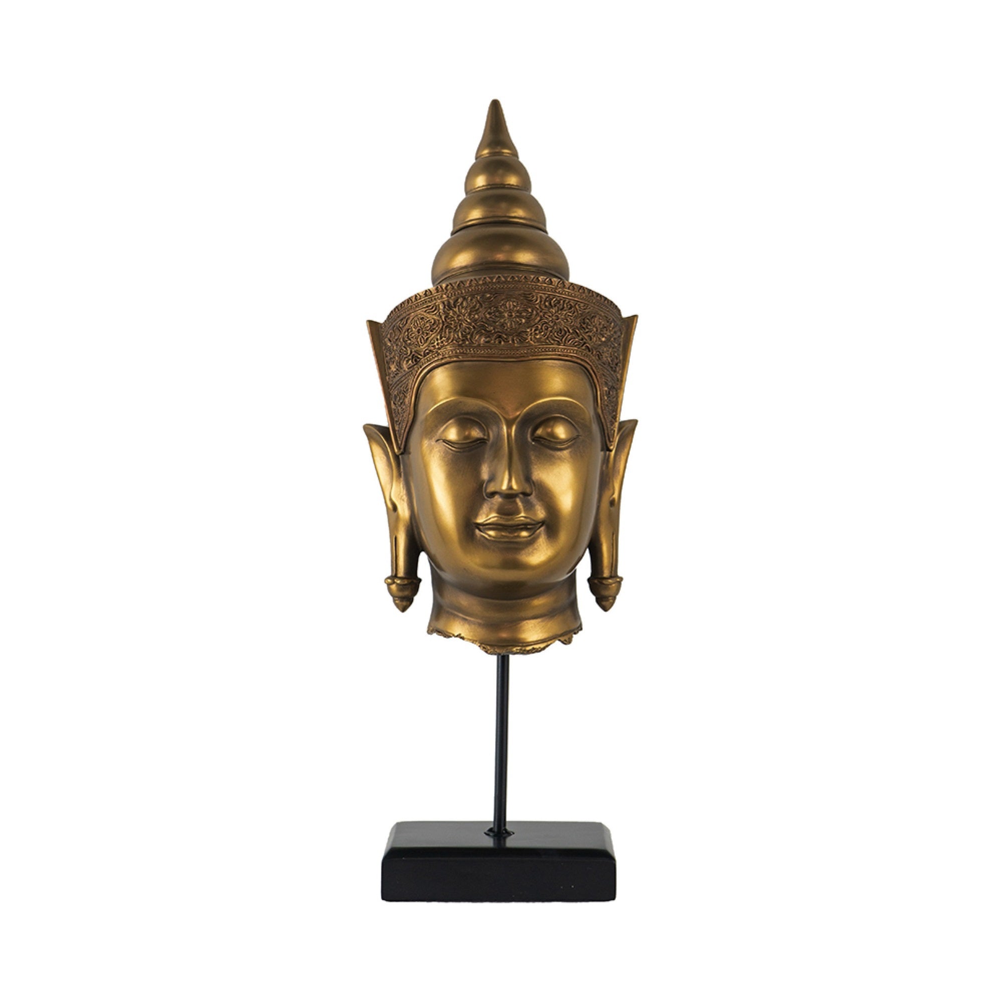 Pilu Buddha Head Statuette on Stand, Spiritual Decor, 20 Inch Bronze