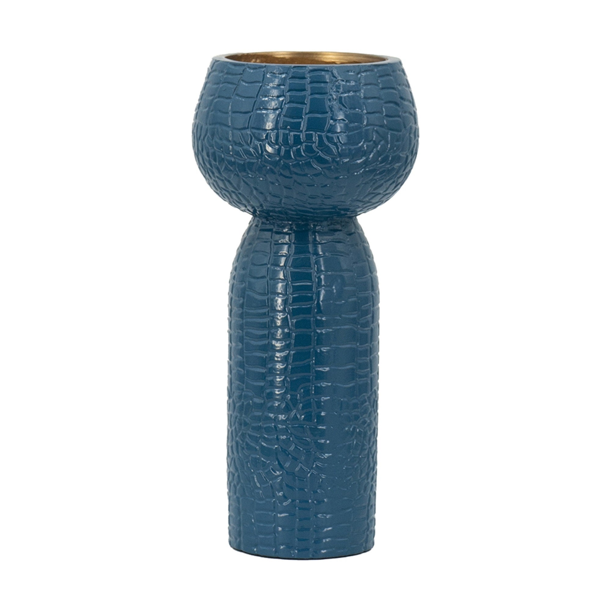 Dany Vase, Crocodile Texture, Watertight Base, 10 Inch Blue Aluminum