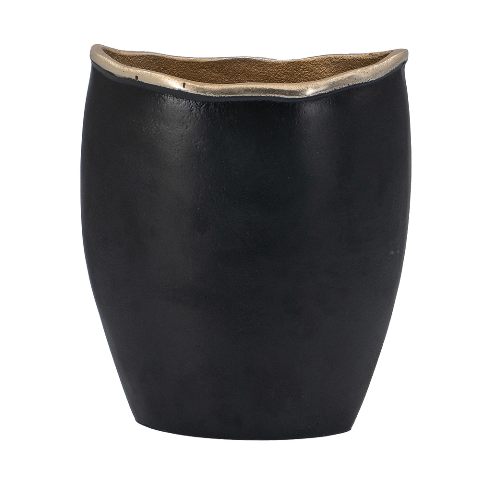 Decorative Oval Vase, Live Edge Curved Gold Rim, Black Aluminum 10 Inch