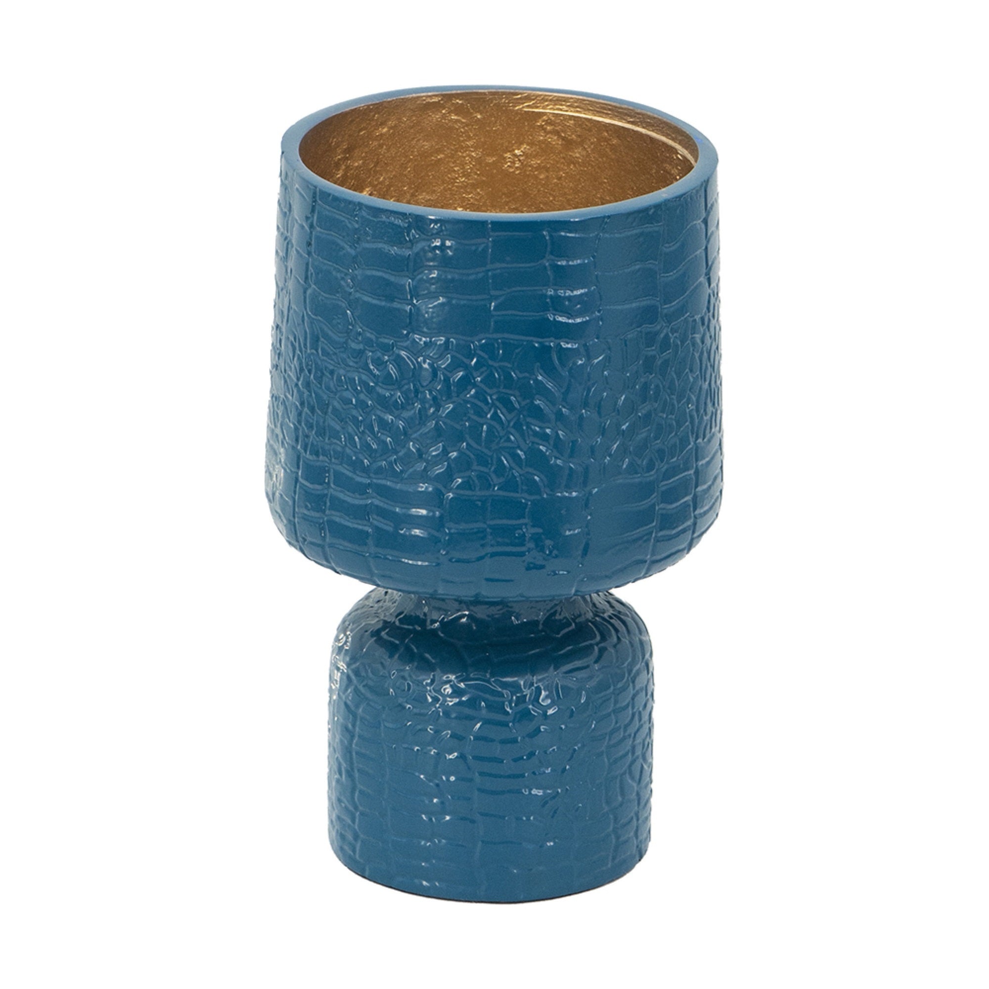Dany Vase, Crocodile Texture, Watertight Base, 8 Inch Blue Aluminum