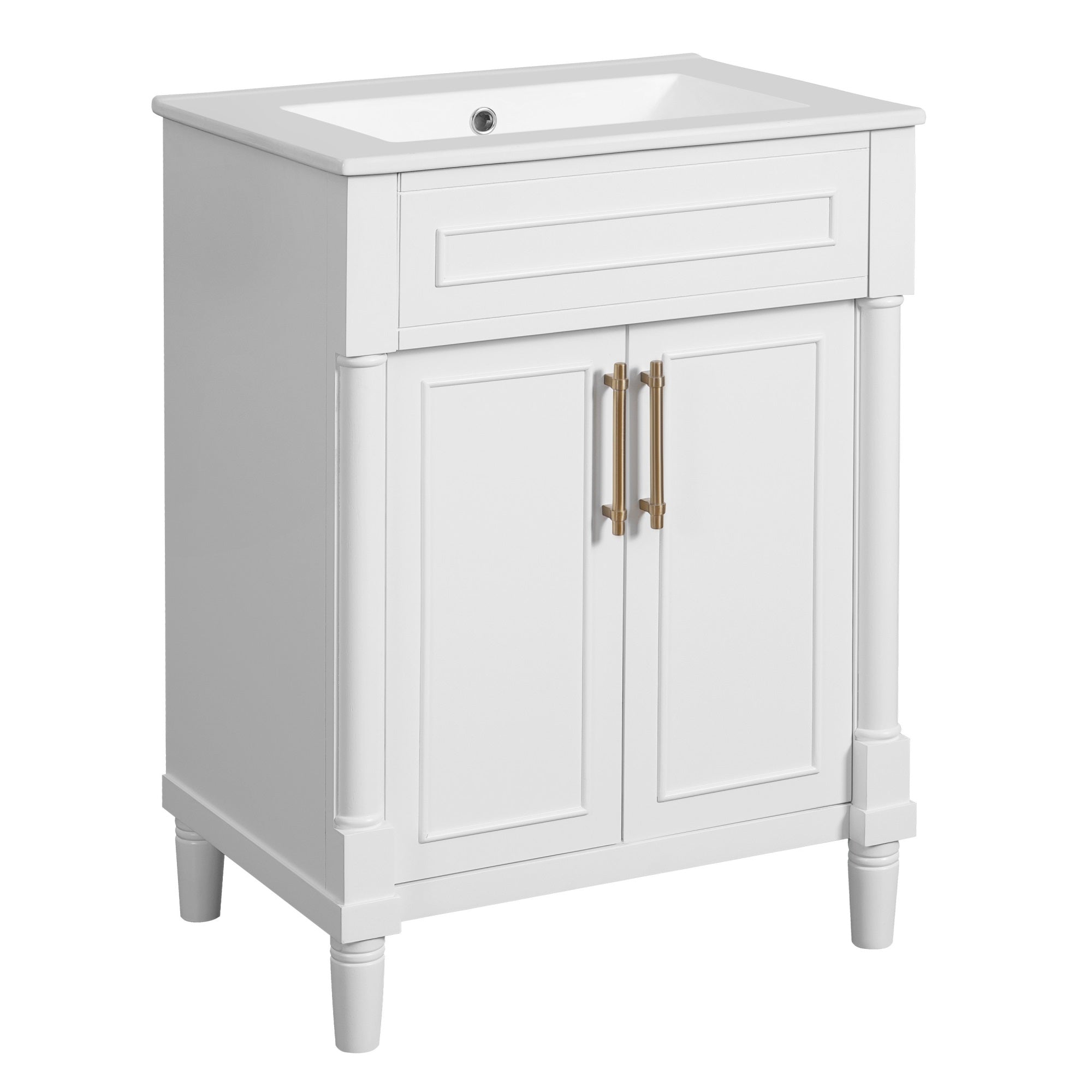 Quen Ceramic Sink Bathroom Vanity, Gold Metal and White Wood 24 Inch