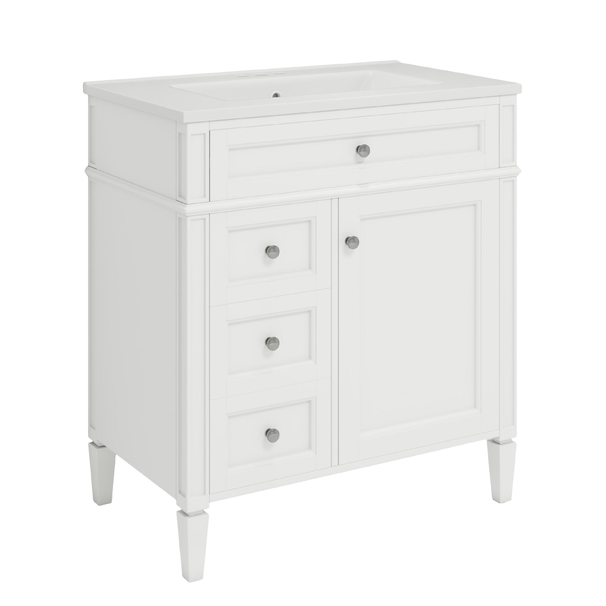 Asher Bathroom Vanity with Ceramic Sink, Smart Storage, White Wood 30 Inch
