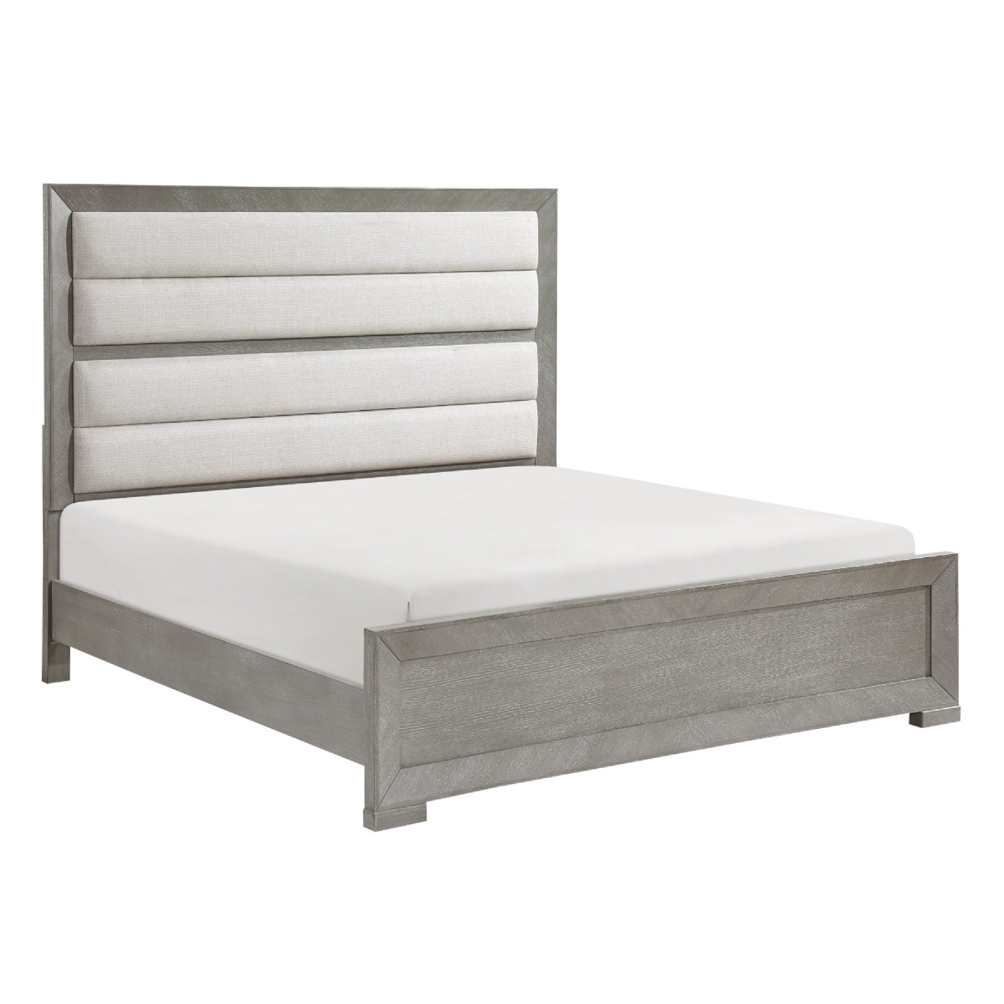 Ova Queen Size Bed, Wide Channel Tufted Upholstery, Gray Oak Veneer