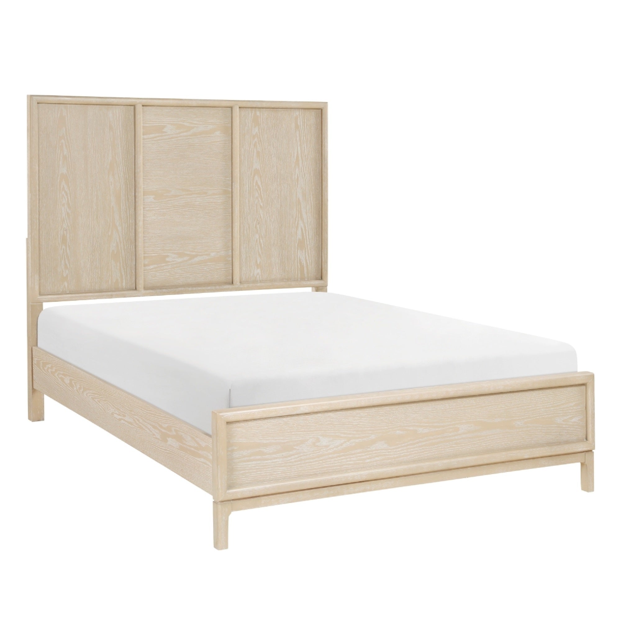 Ary Queen Size Bed, 3 Panel Farmhouse Headboard, Light Oak Brown