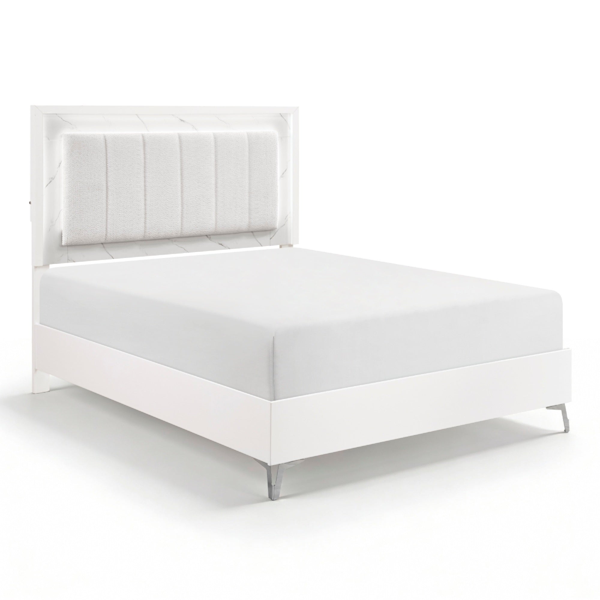 Cyna Queen Size Bed, Chenille Tufted Headboard and LED Lighting, White