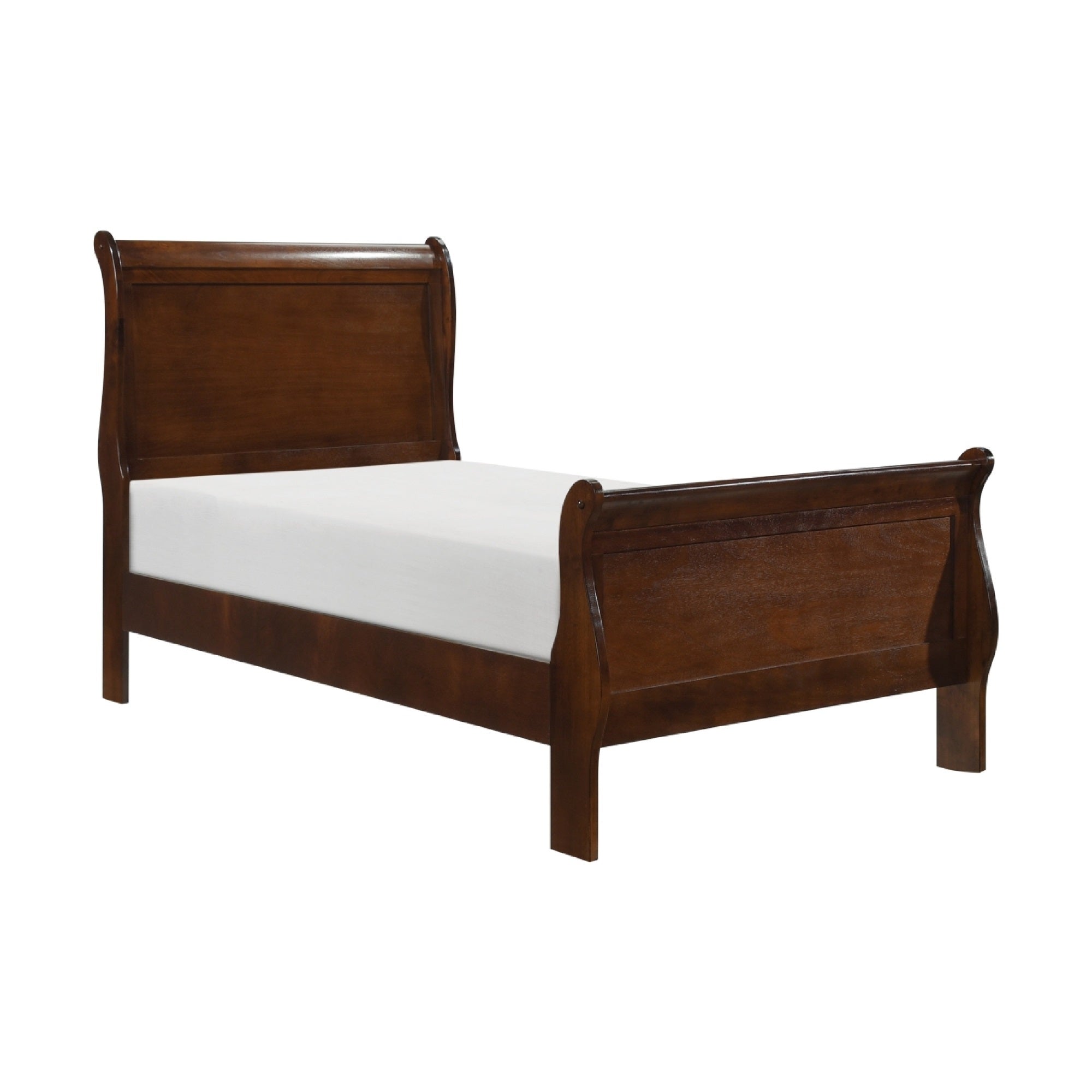 Vele Twin Size Sleigh Bed, Louis Philippe Style, Cherry Brown Finish