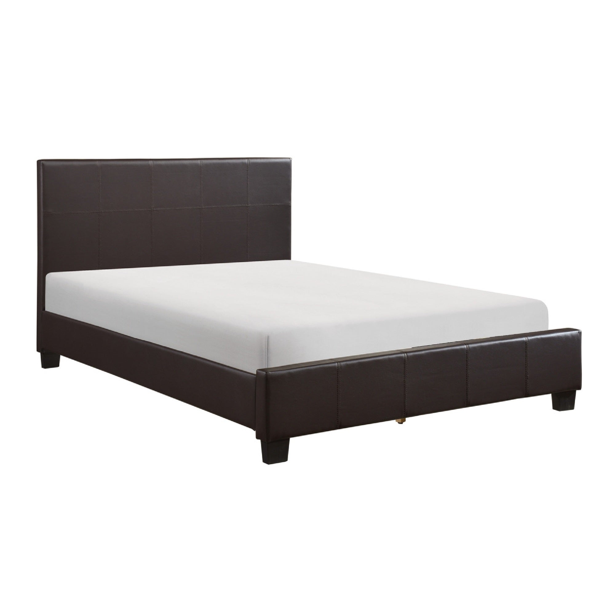 Renz Full Size Bed, Modern Block Panel, Dark Brown Faux Leather Upholstery