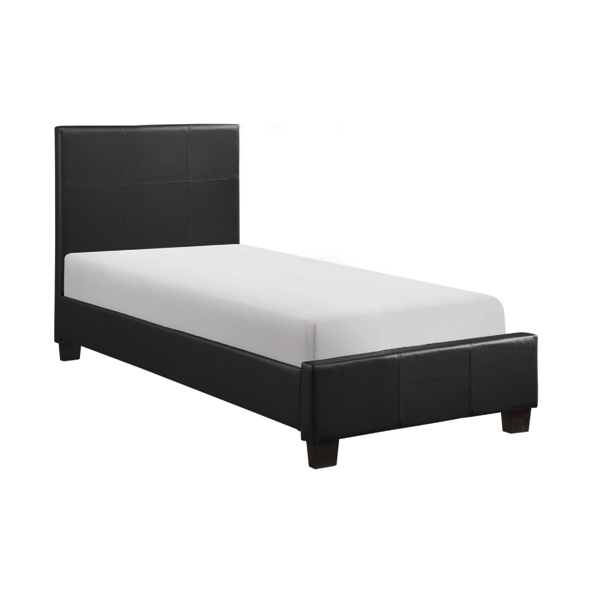 Renz Twin Size Bed with Modern Block Panel, Black Faux Leather Upholstery