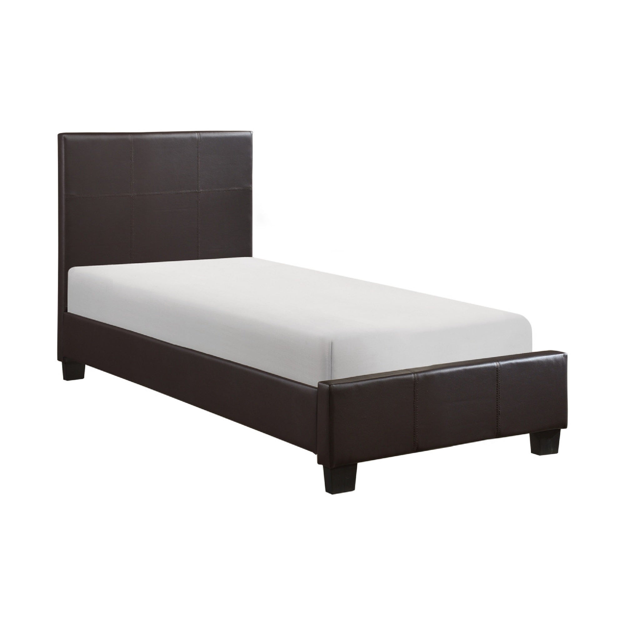 Renz Twin Size Bed, Modern Block Panel, Dark Brown Faux Leather Upholstery