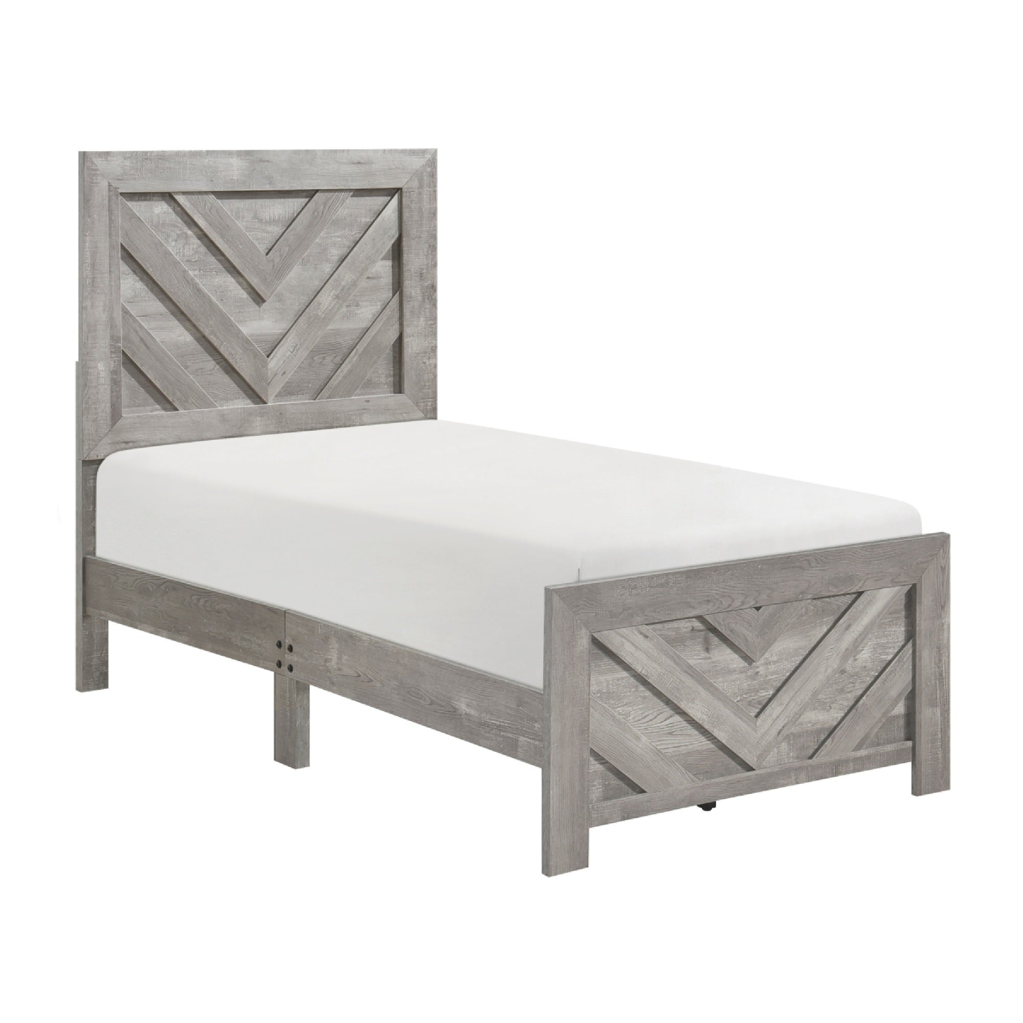 Eby Twin Panel Bed, Raised V Planks, 3D Veneer Texture, Warm Gray Wood