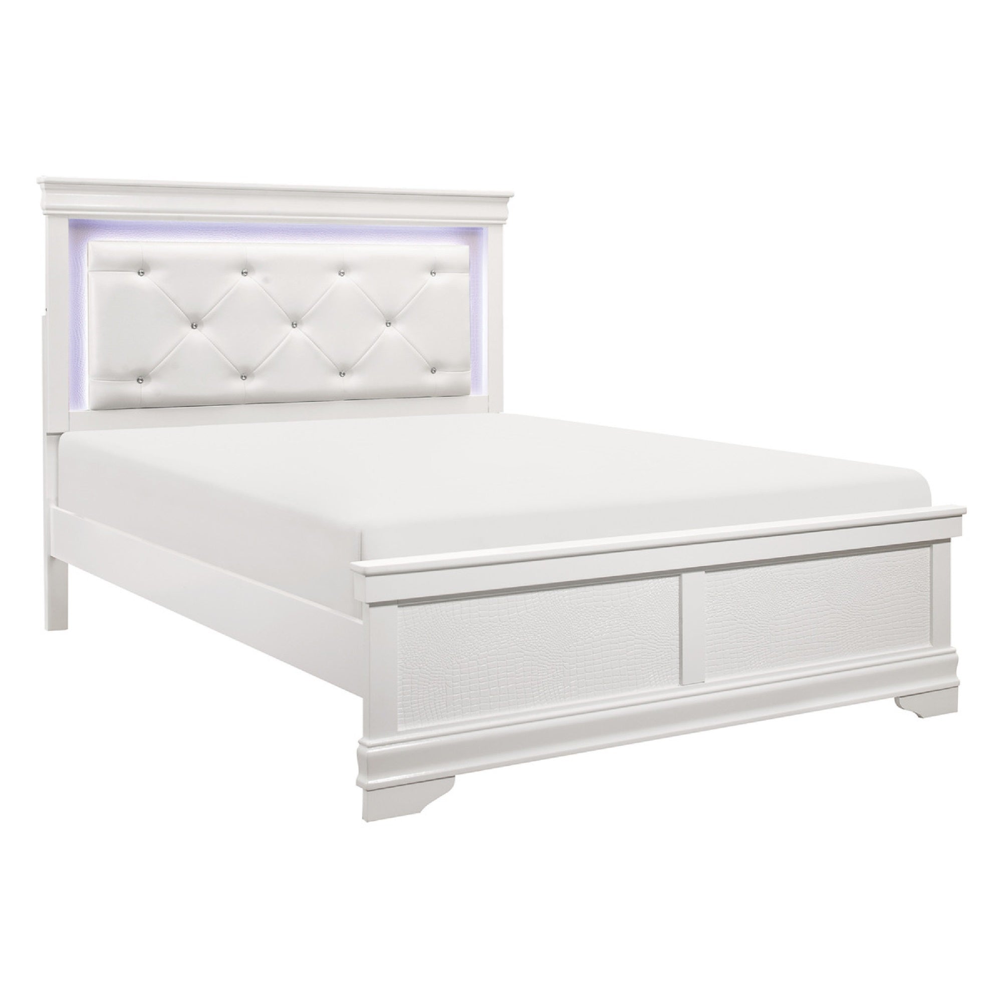 Teich Full Bed, LED Headboard, Embossed Panels, Tufted White Faux Leather