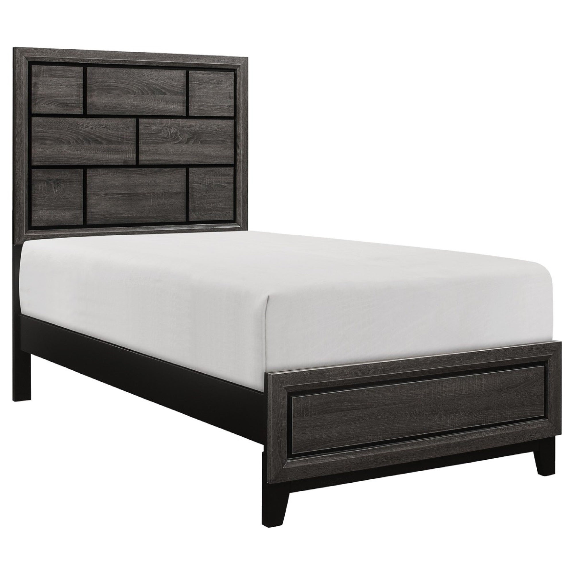 Ameya Twin Panel Bed, Brick Design Headboard, Molded Footboard, Gray