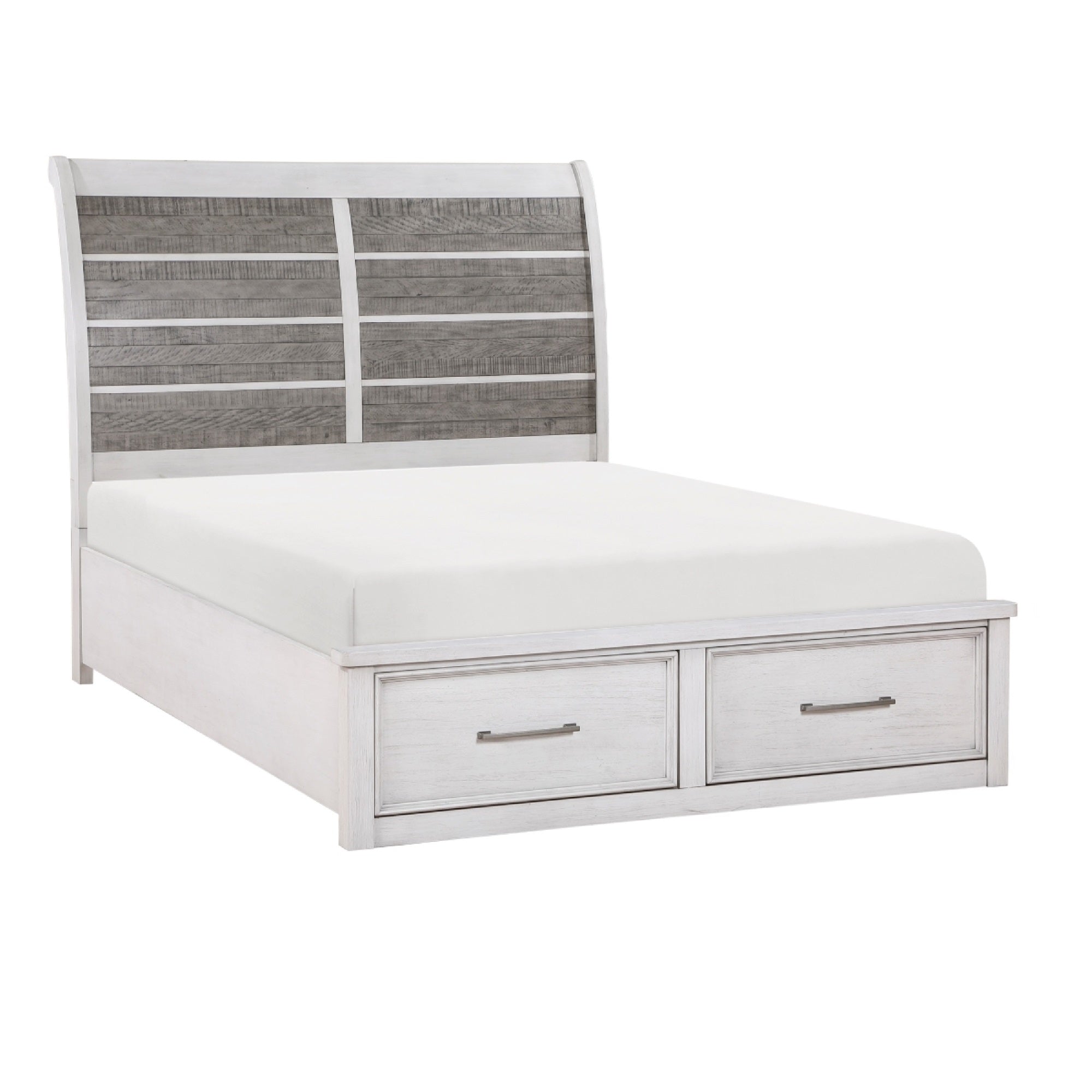Amby Queen Platform Bed, 2 Footboard Drawers, Antique White and Gray Wood