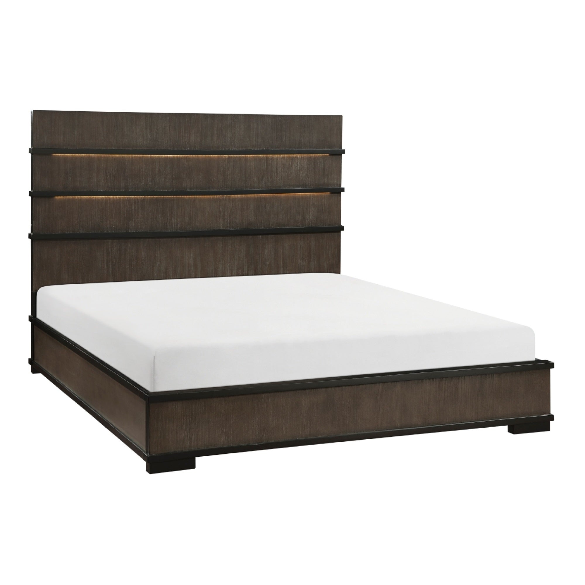 Acy Queen Bed, Slatted LED Headboard, Industrial Brownish Gray and Black