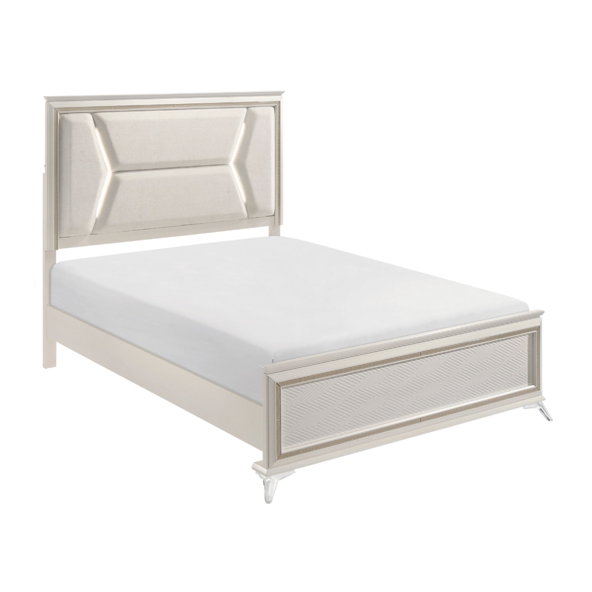 Lopa Queen Bed, LED Headboard Embossed Panels, White Chenille Upholstery