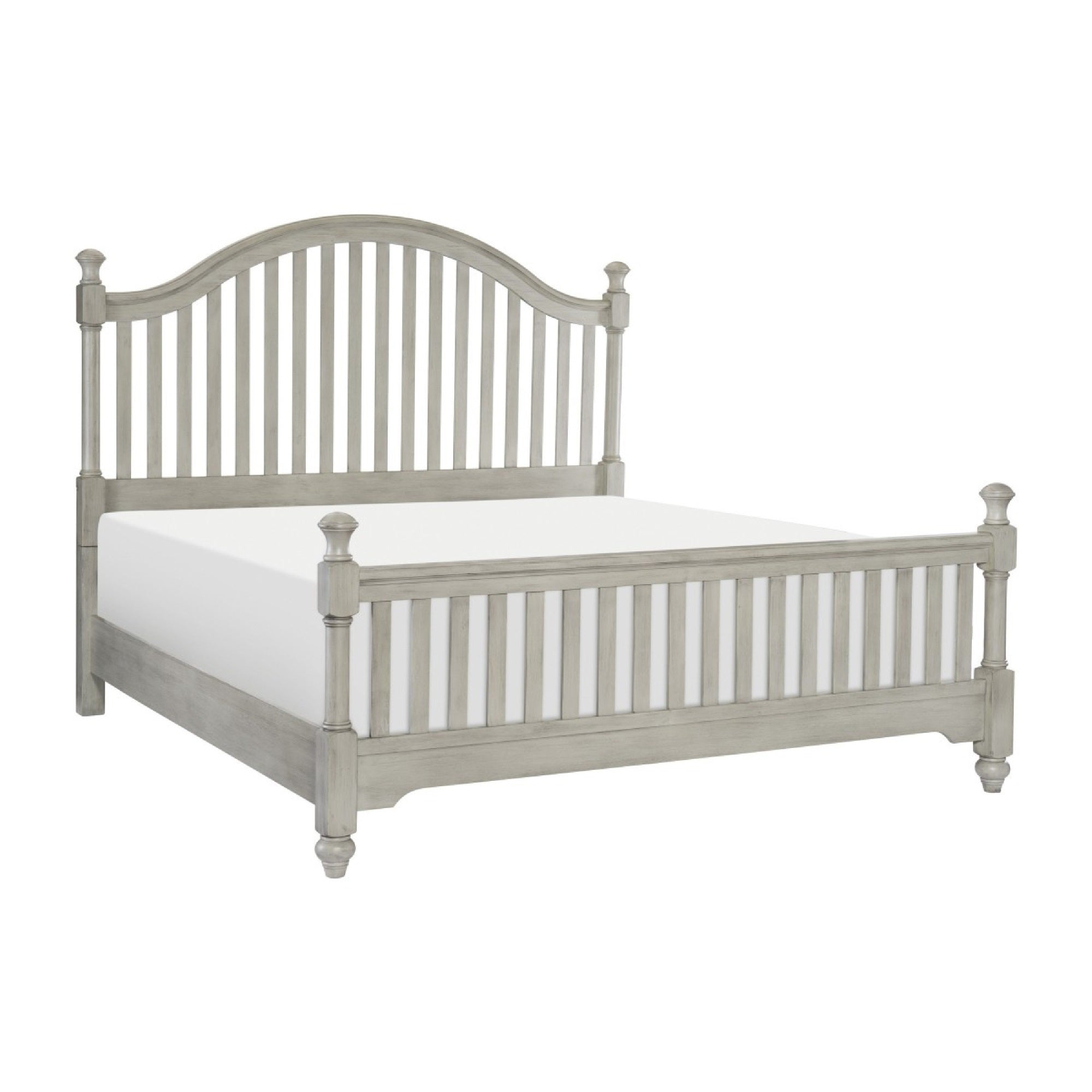 Mozz King Bed, Arched Headboard, Turned Finial Posts, Gray Vertical Slats