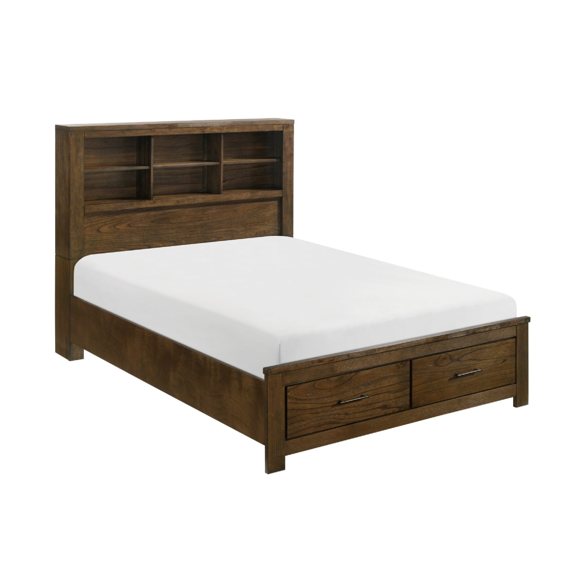 Suli Queen Bed, Bookcase Headboard, 2 Storage Drawers, Brushed Brown