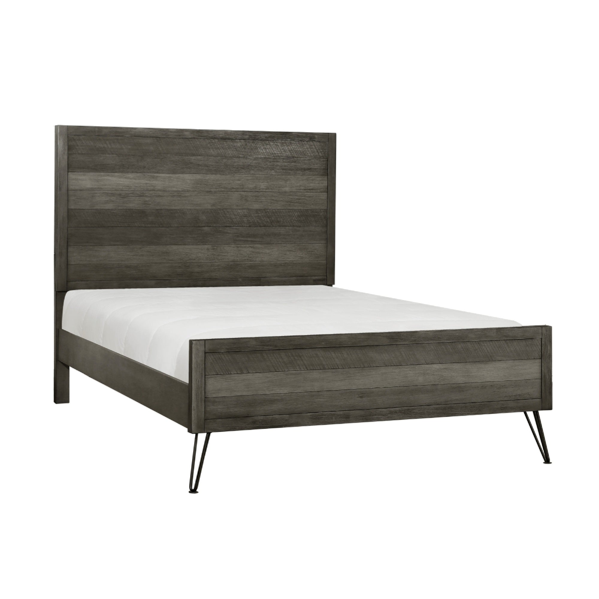 Umer King Bed, Plank Headboard and Footboard, Trichromatic Gray, Metal Legs