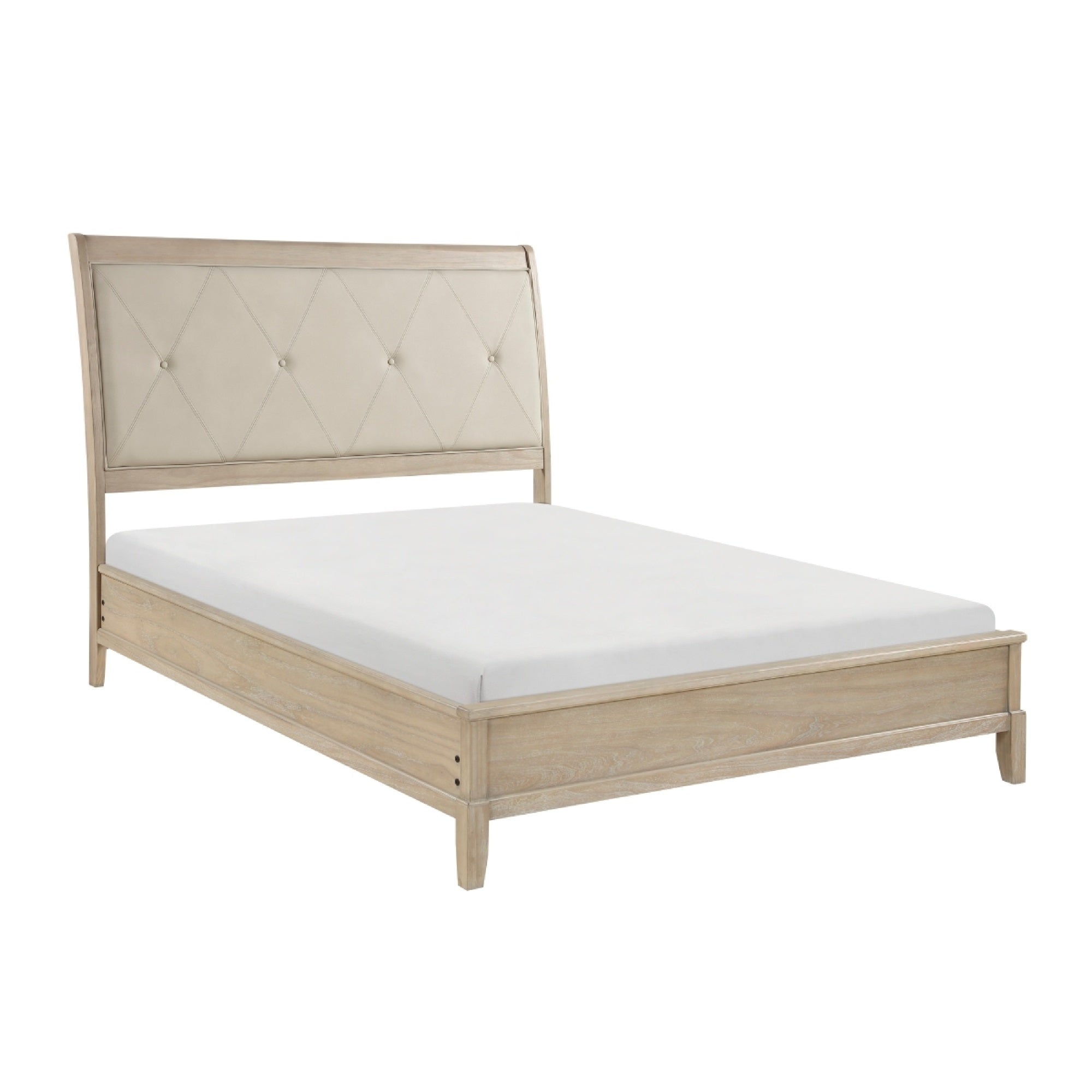 Hadly Queen Bed, Tufted Headboard, Luxe Faux Leather Upholstery, Beige Wood